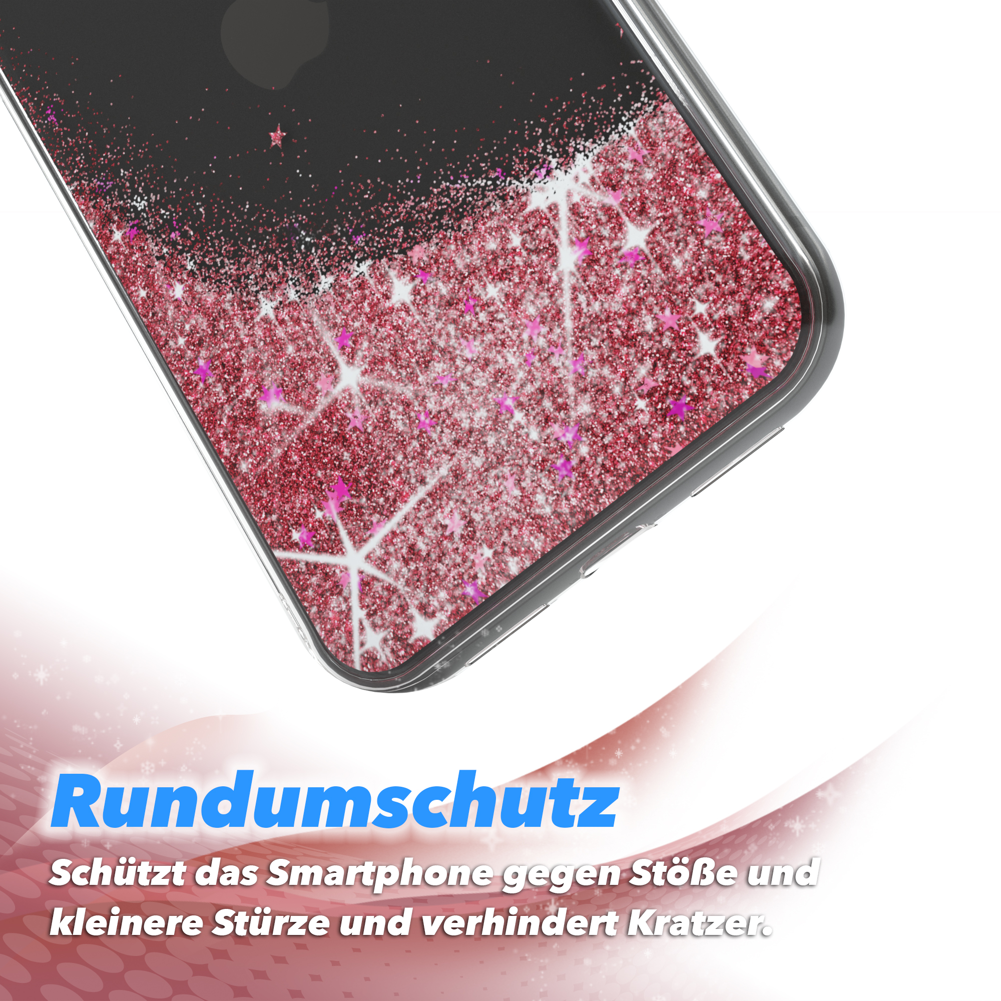 Ein Telefon in einer rosa Glitzerhülle. Die Hülle bedeckt die Rückseite des Telefons, Text: 'Rundumschutz'. Weißer Hintergrund.