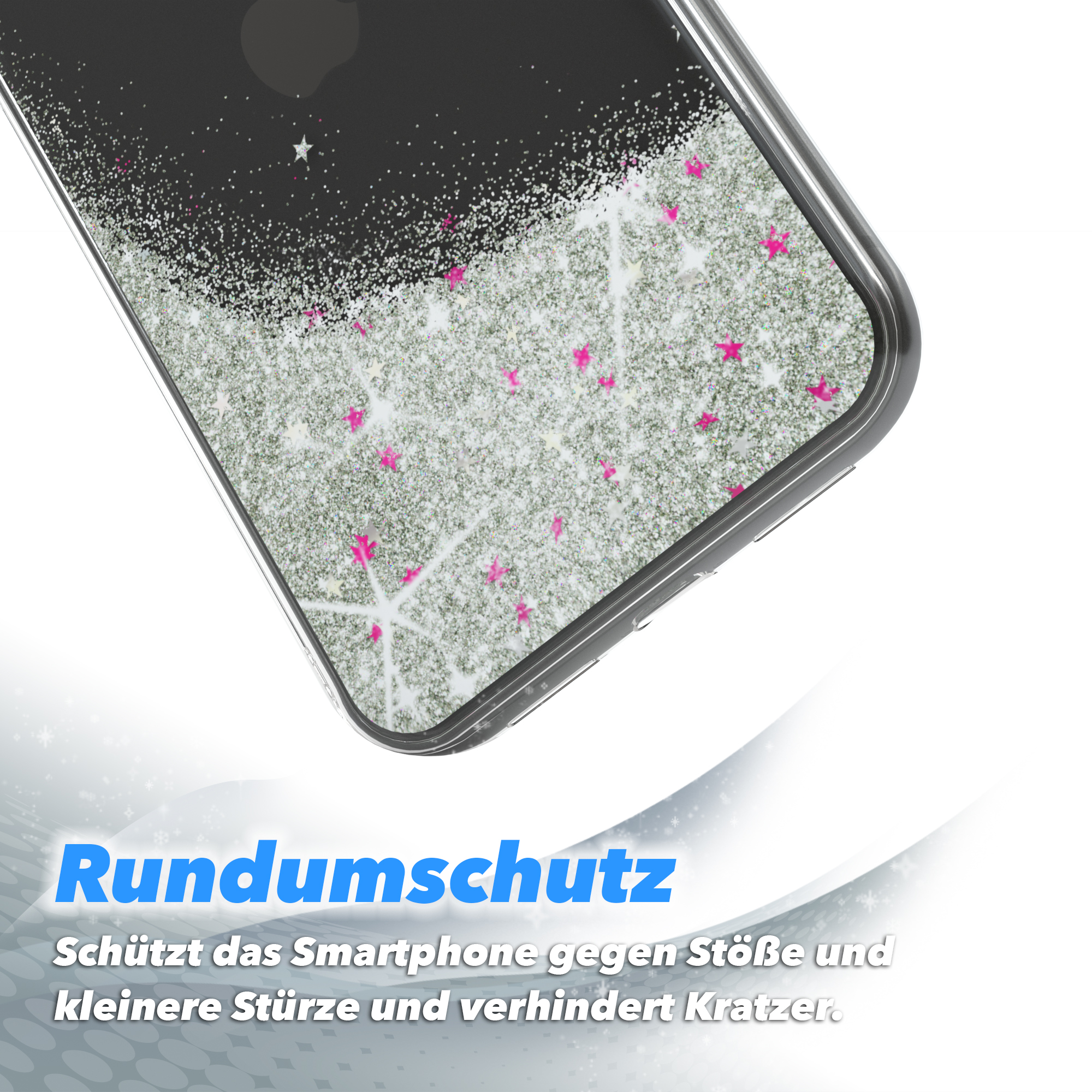 Eine Handyhülle mit Glitzer und rosa Sternen. Text lautet 'Rundumschutz'.