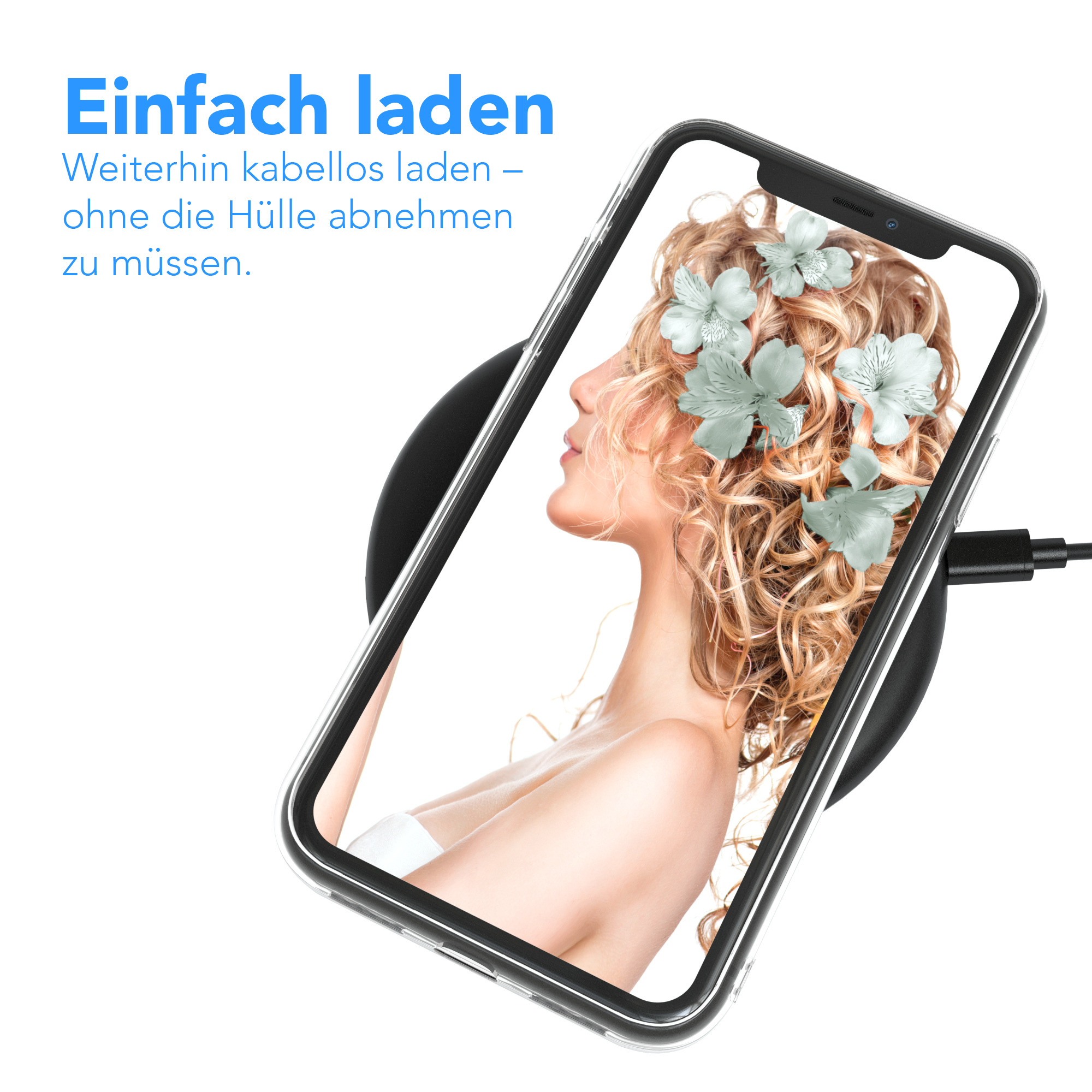 Telefon auf kabellosem Ladegerät. Frau mit Blumen im Haar. Text: Einfach laden. Kabelloses Laden.