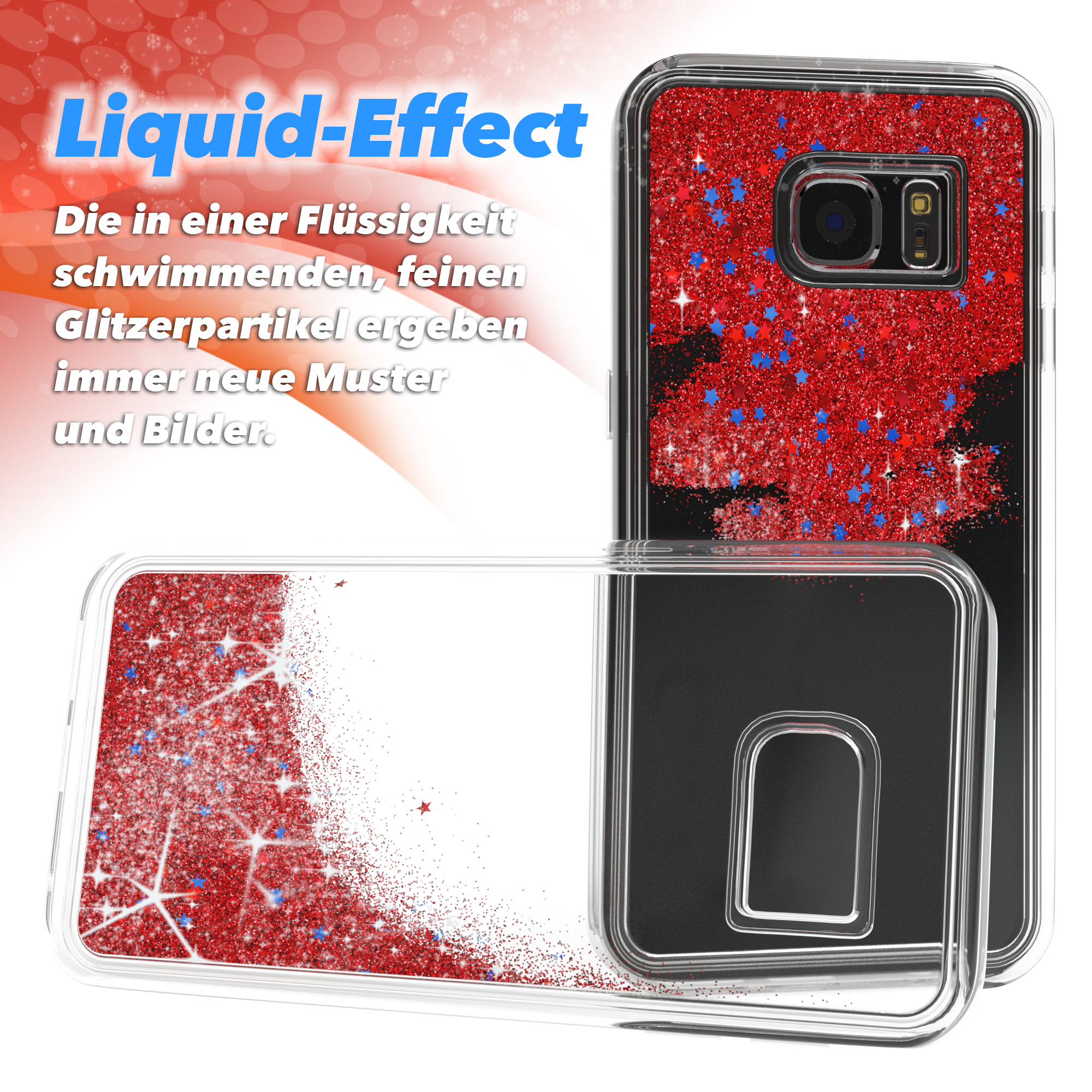 Handyhülle mit Flüssigkeitseffekt, roten Sternen und Glitzer. Die Hülle ist offen und zeigt das Telefon und die Sterne.