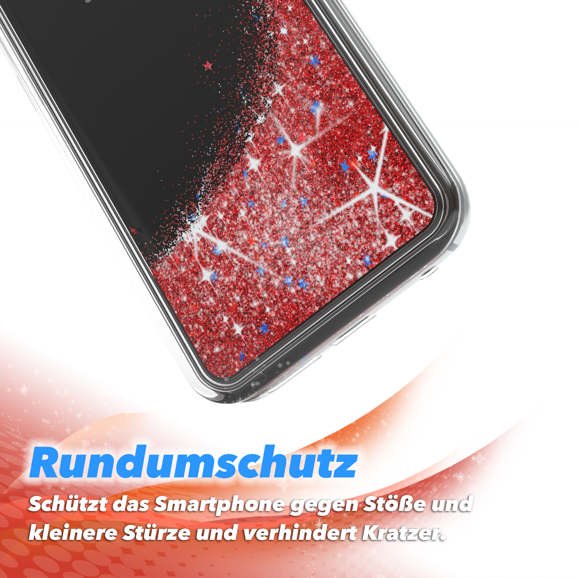 Eine transparente Handyhülle mit rotem Glitzerdesign auf weißem Hintergrund.