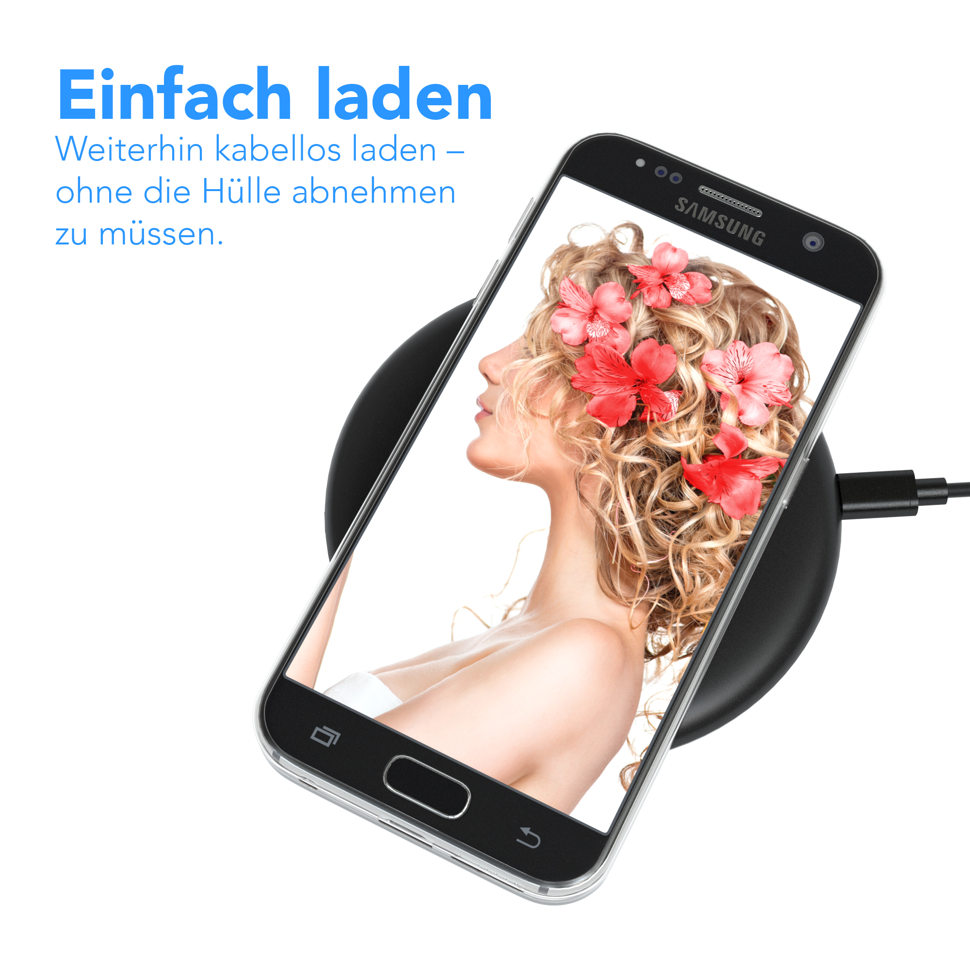 Gesicht einer Frau mit Blumen auf einem Telefonbildschirm auf einem kabellosen Ladegerät, schwarz.