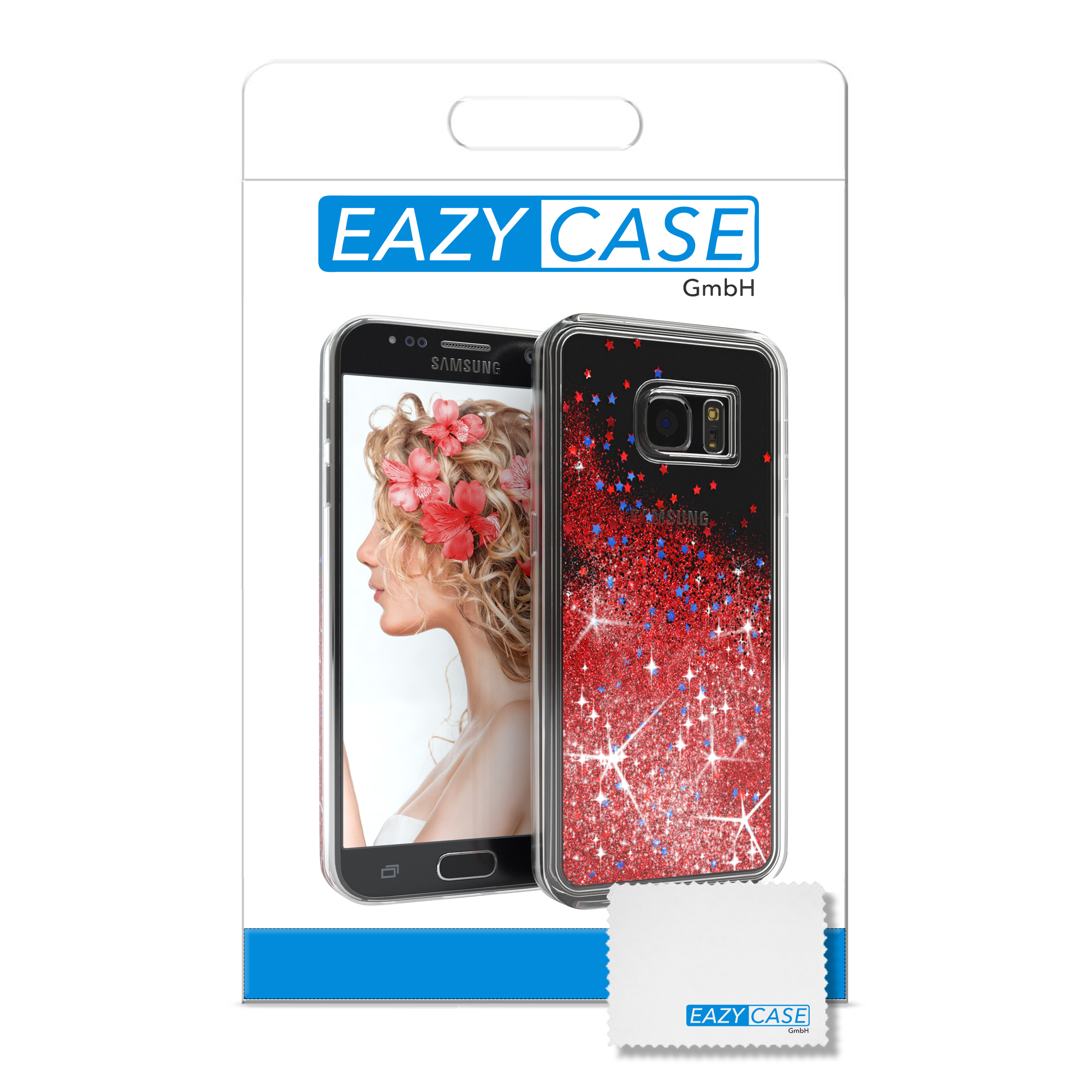 Handyhülle in Verpackung. Telefon mit roten Sternen und Reinigungstuch.