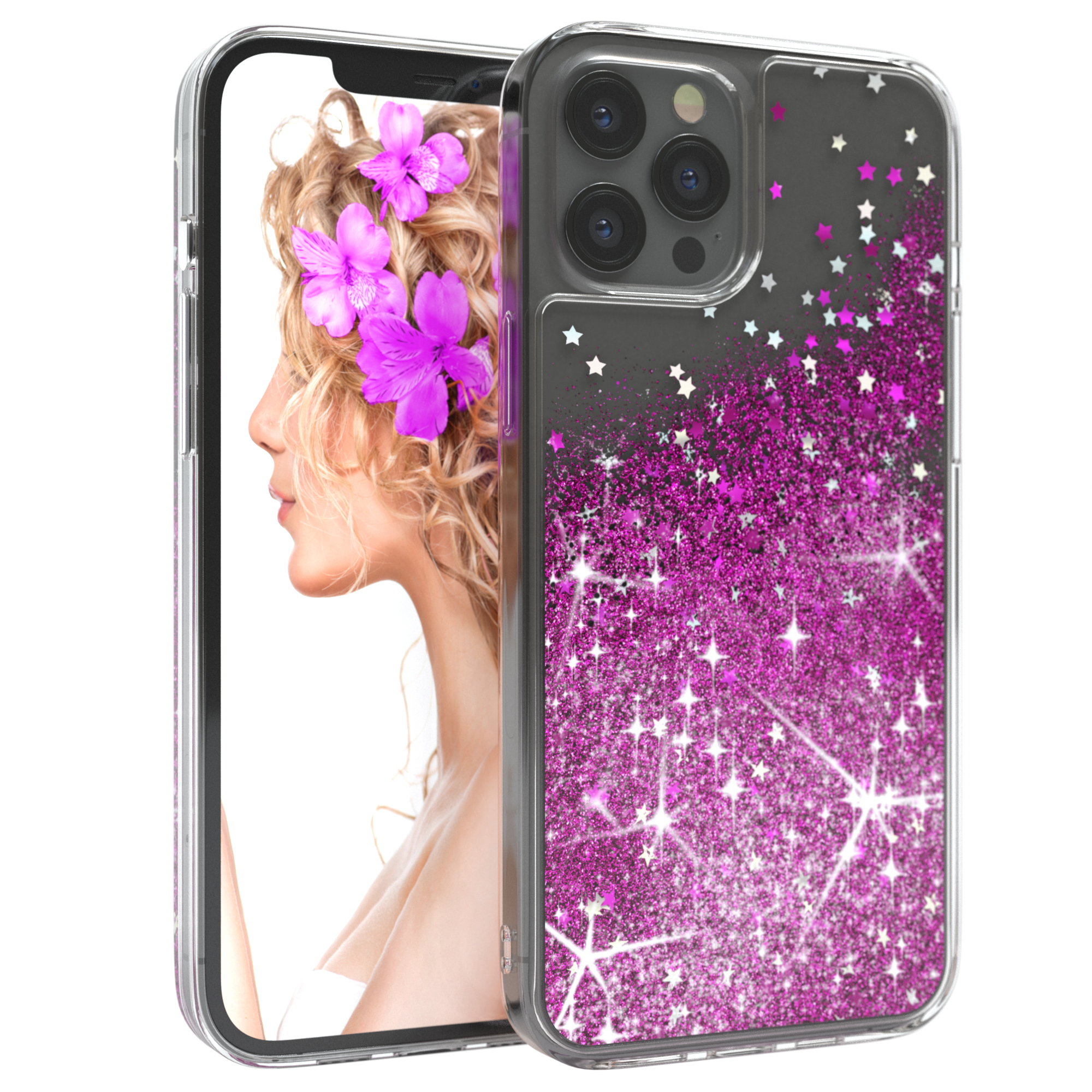 Handyhülle mit rosa Glitzersternen und Frau mit Blumen.