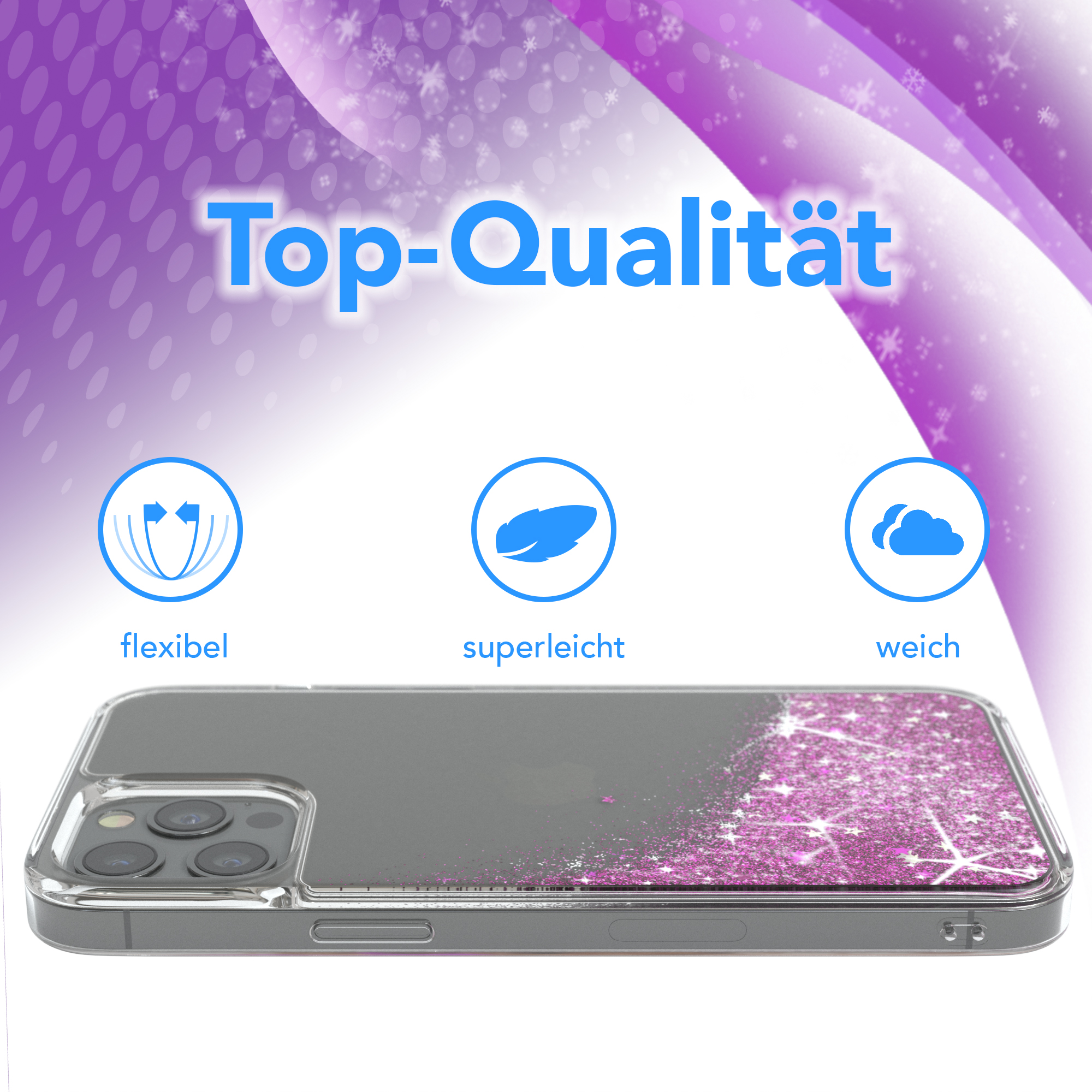Handyhülle mit pinkem Glitzer- und Sternendesign, mit Telefon und den Worten Top-Qualität.