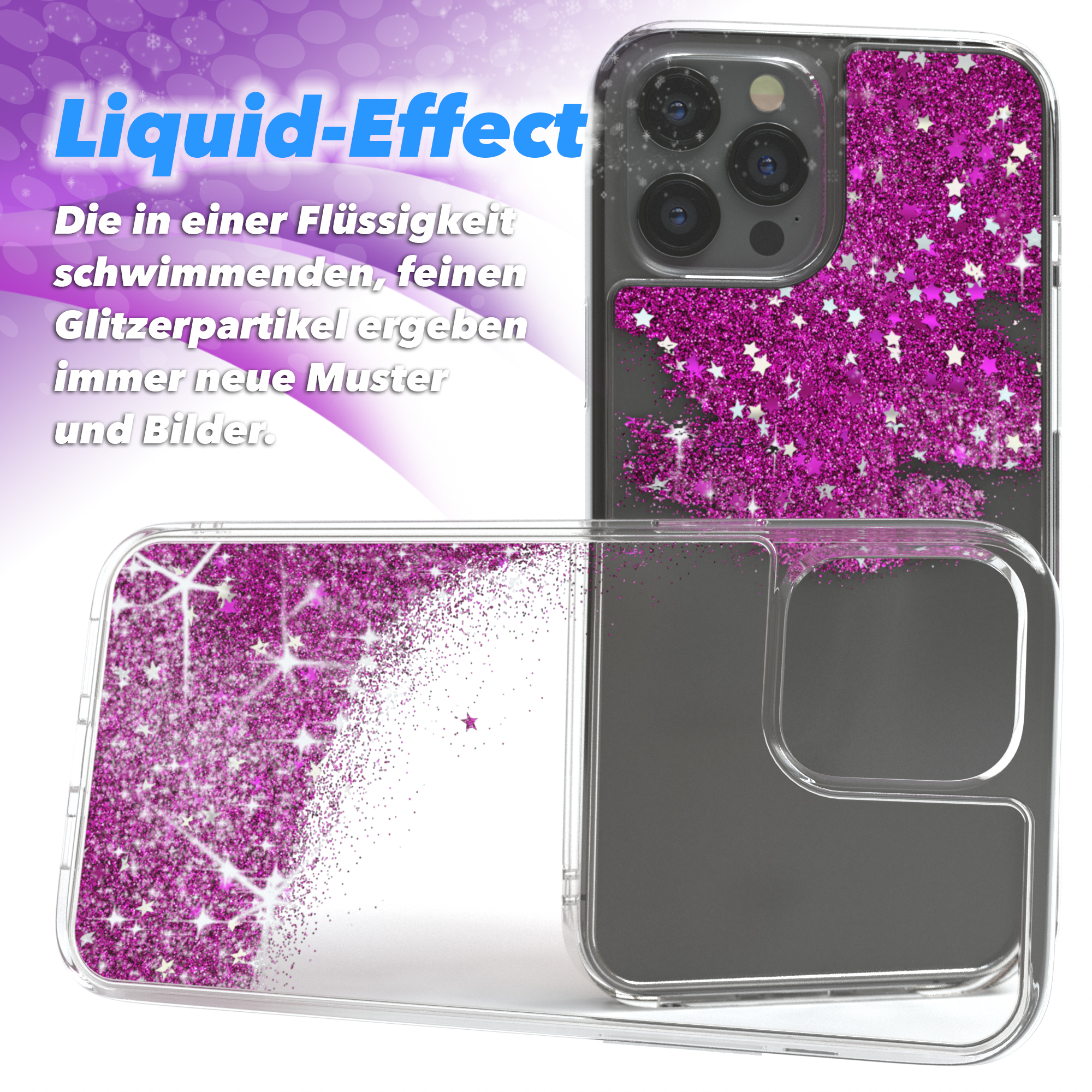 Handyhülle mit Flüssigkeitsglitzereffekt. Sterne glitzern in einer Flüssigkeit. Text: Liquid-Effect.