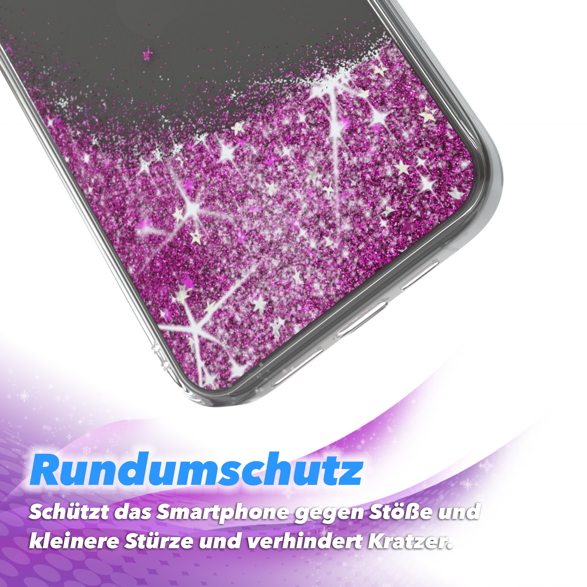 Handyhülle mit rosa Glitzerdesign. Lila und weißer Hintergrund. Nahaufnahme.