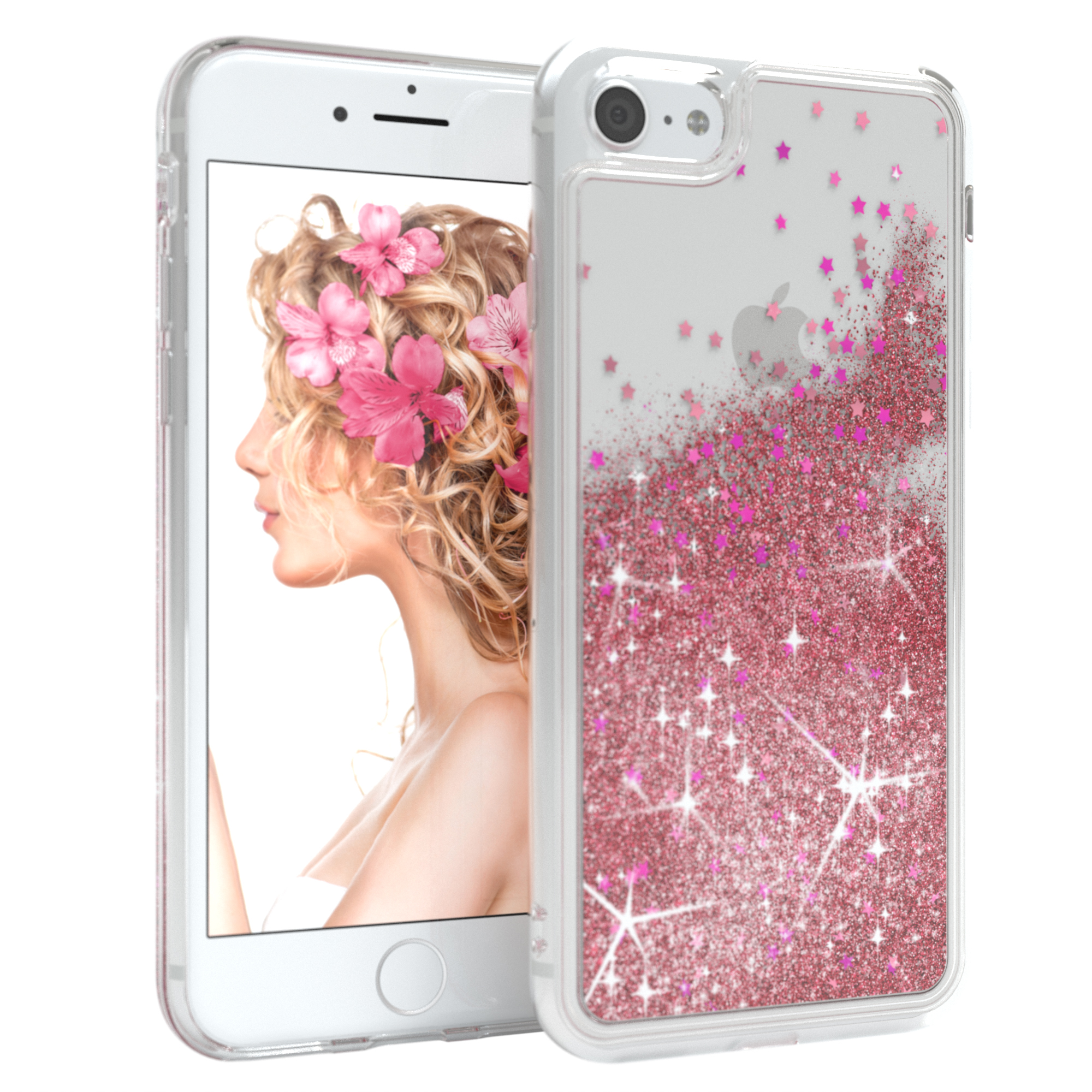 Ein weißes Telefon mit pinkfarbenem Glitzer-Case. Das Telefon zeigt eine Frau mit Blumen im Haar.