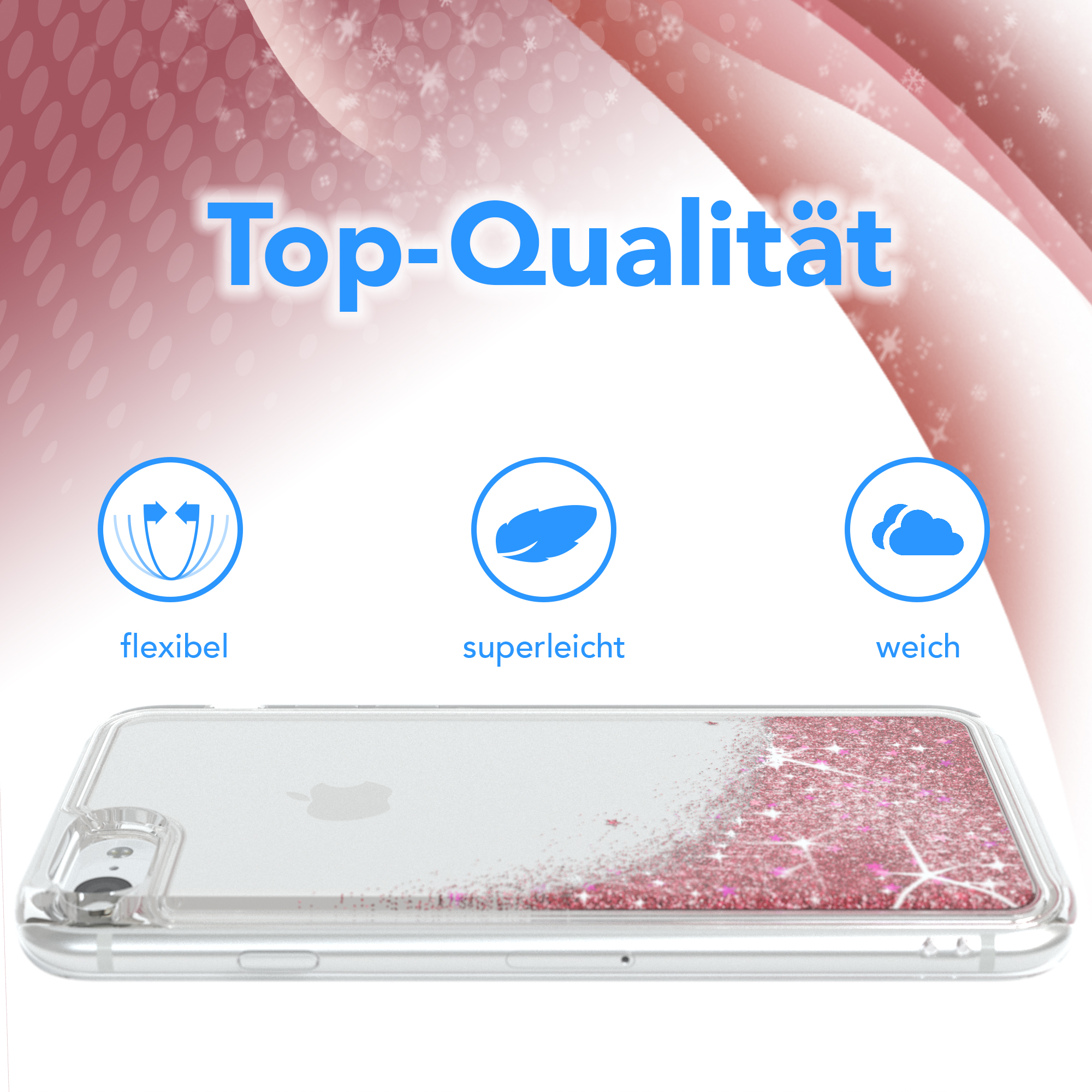 Transparente Handyhülle mit pinkem Glitzer und Text 'Top-Qualität' auf pinkem Grund.