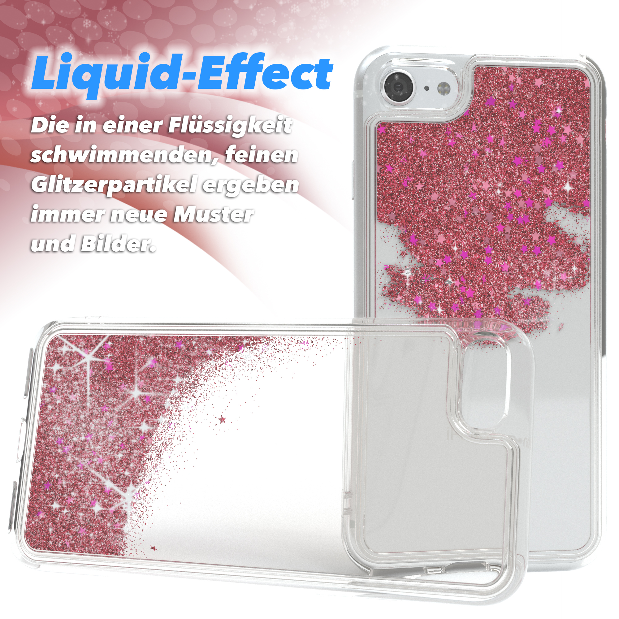 Transparente Handyhülle mit rosa Glitzer und Sternen. Text links. Weißer Hintergrund.