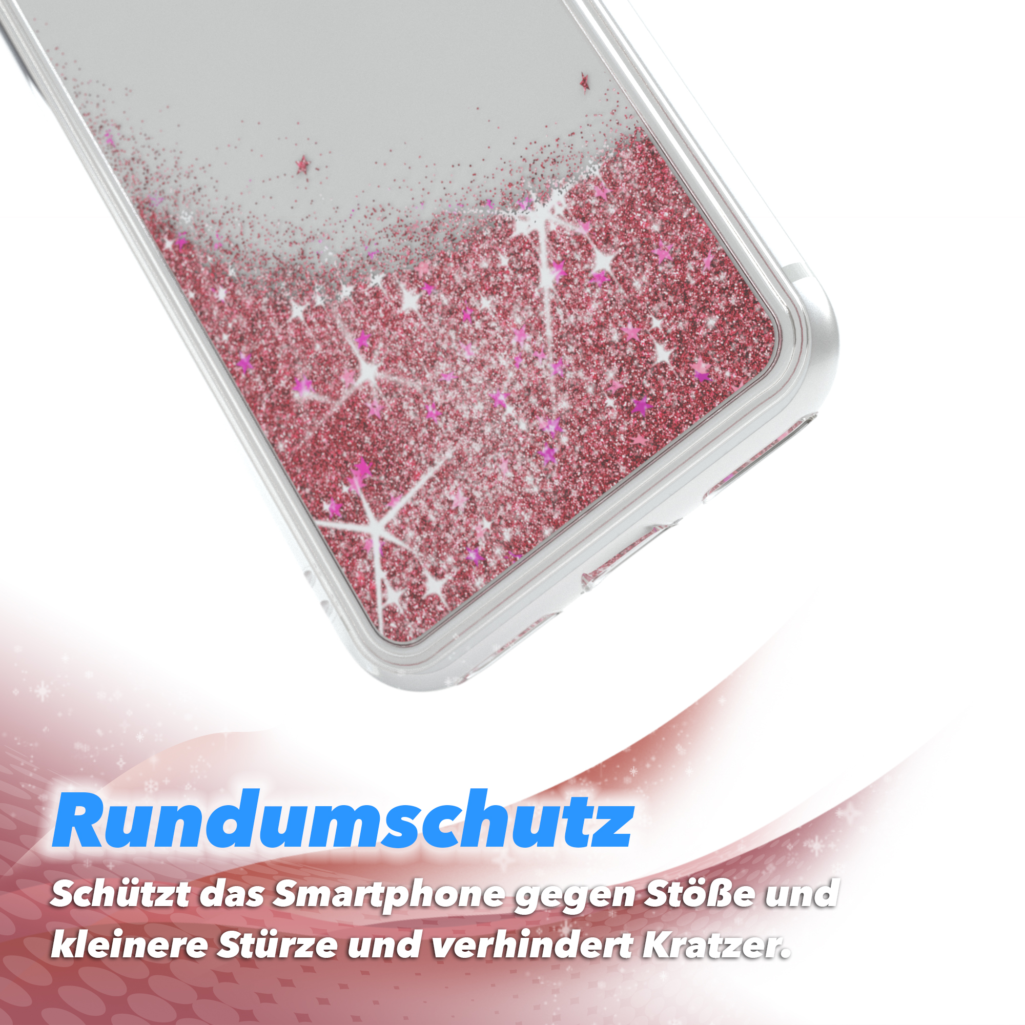 Transparente Handyhülle mit rosa Glitzer. Text: Rundumschutz (Rundumschutz).