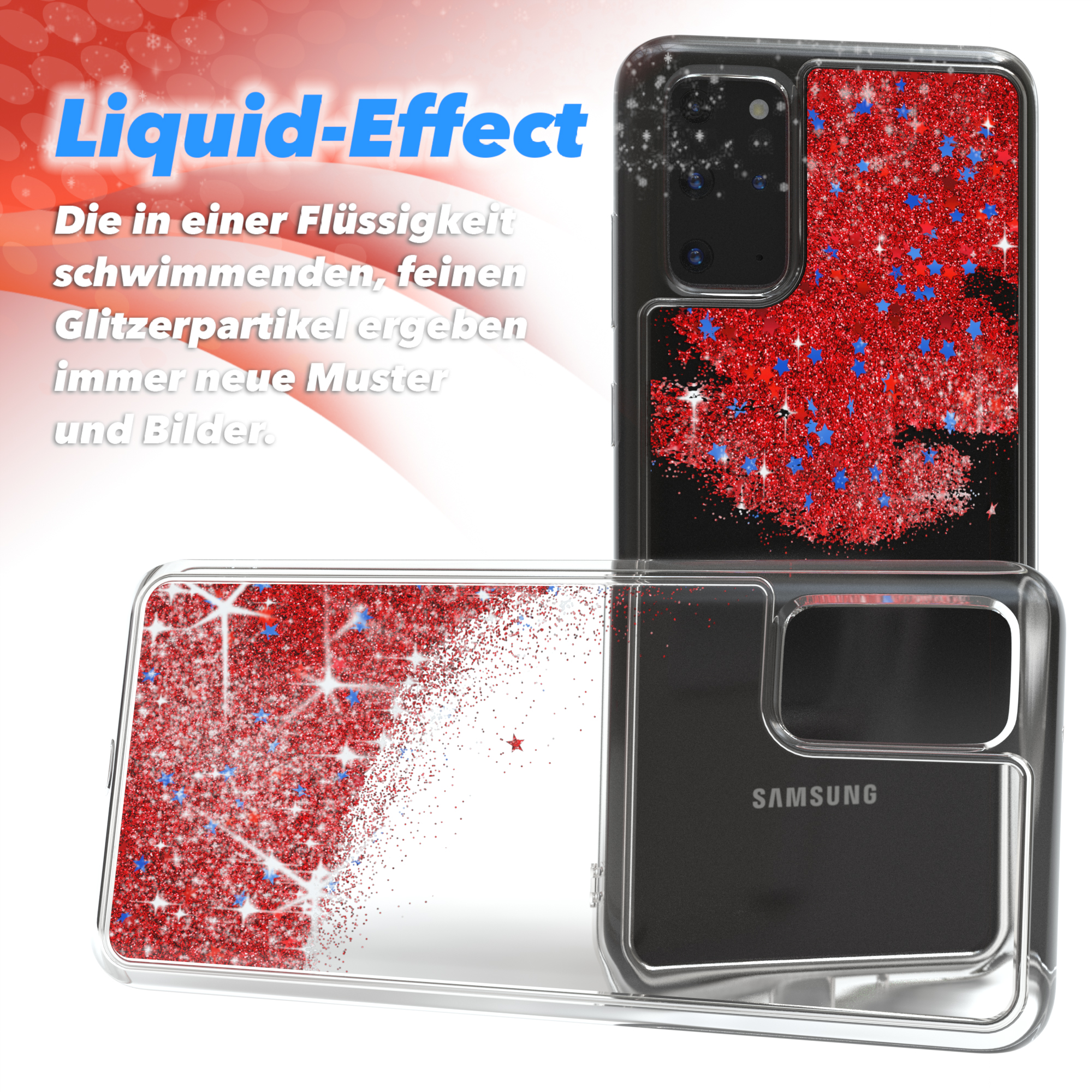 Transparente Handyhülle mit rotem Glitzer und blauen Sternen. Telefon im Inneren. Text Liquid-Effect. Samsung Logo.