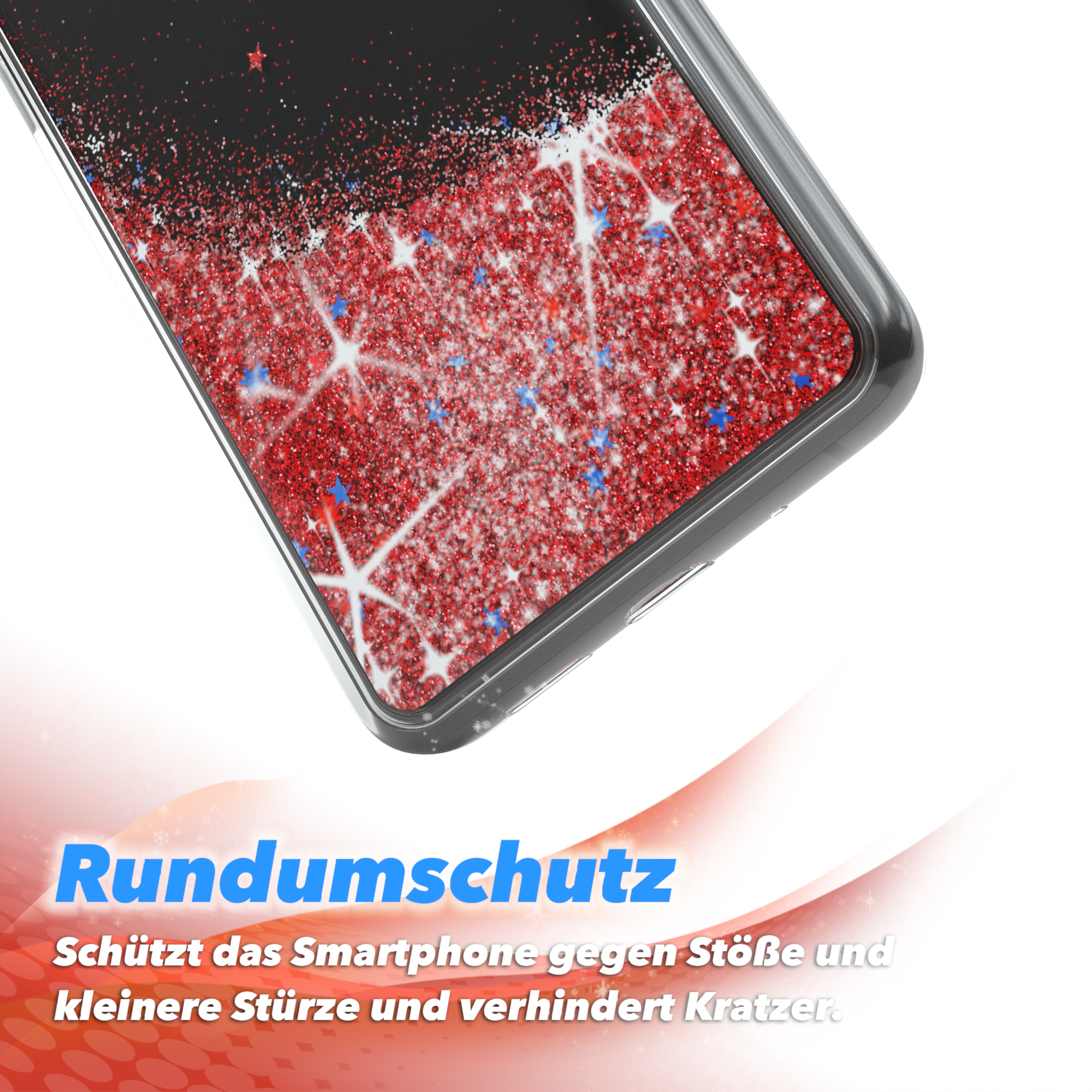 Nahaufnahme einer Handyhülle mit rotem Glitzer und Sternen.