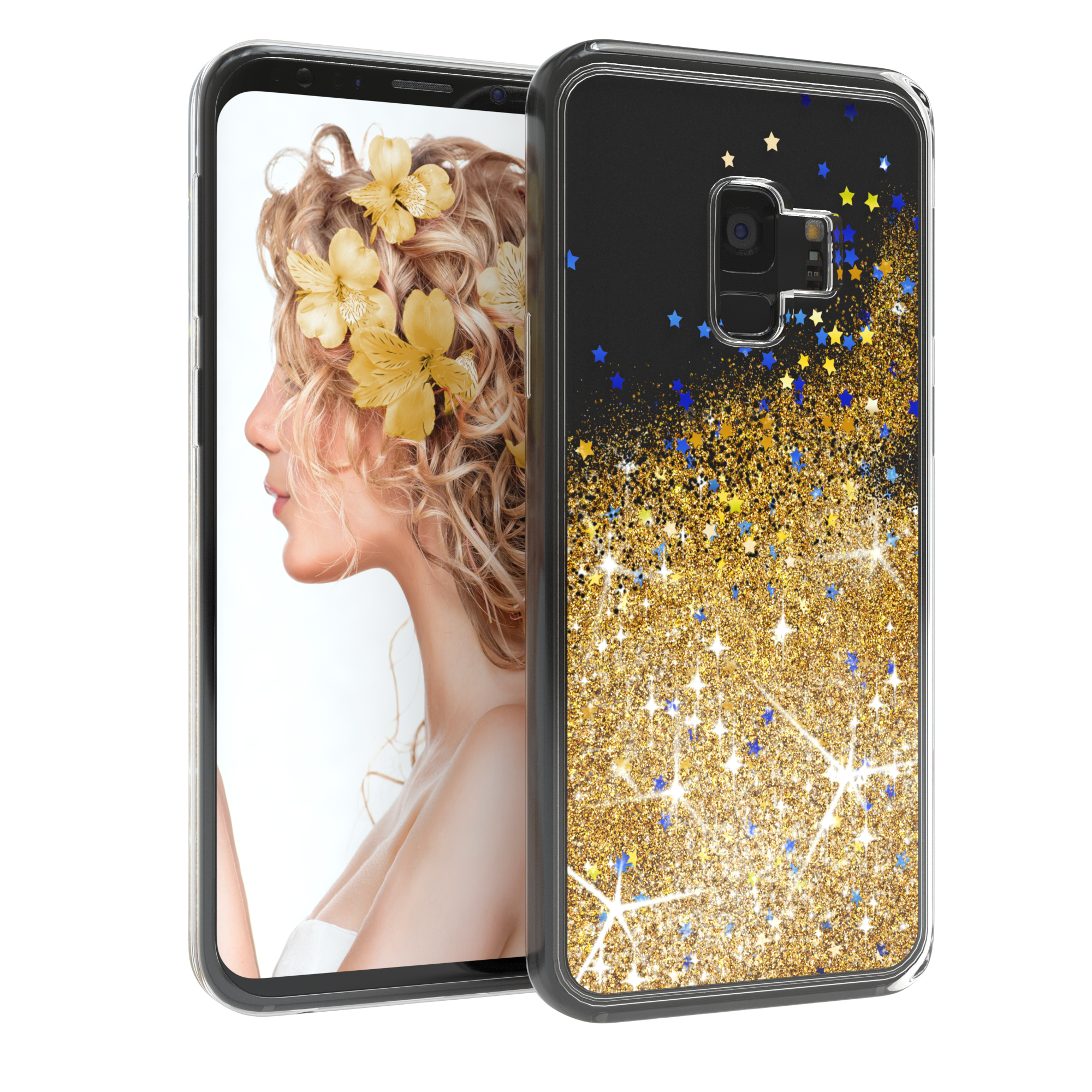Ein Telefon in einer glitzernden Hülle mit dem Profil einer Frau auf dem Bildschirm. Sterne und Glitzer verzieren die Hülle.