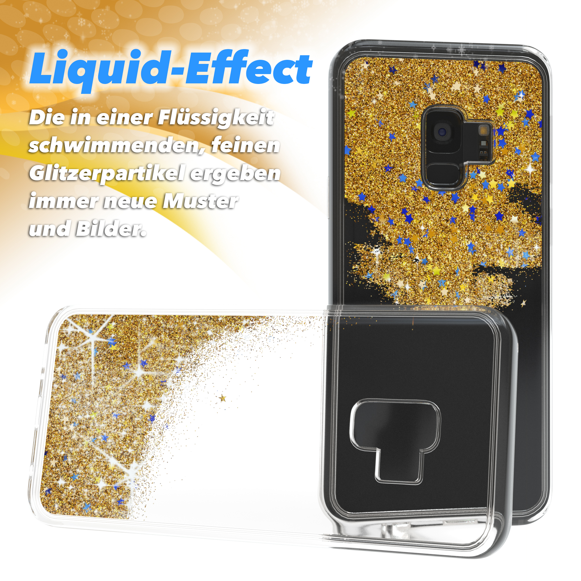Handyhülle mit Flüssigkeits-Glitzereffekt. Telefon ist in der Hülle. Hülle ist transparent mit Goldglitter.