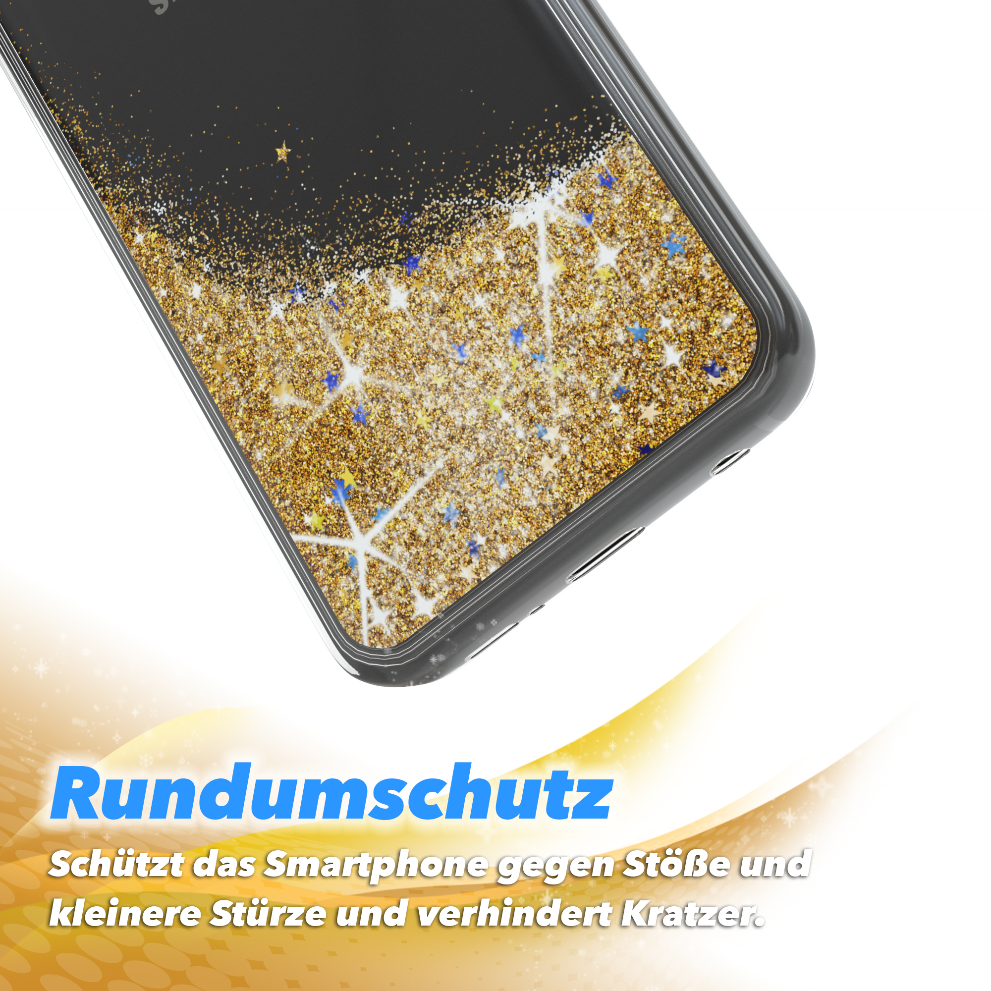 Nahaufnahme einer Handyhülle mit goldenem Glitzer und Sternen, schützt das Telefon.