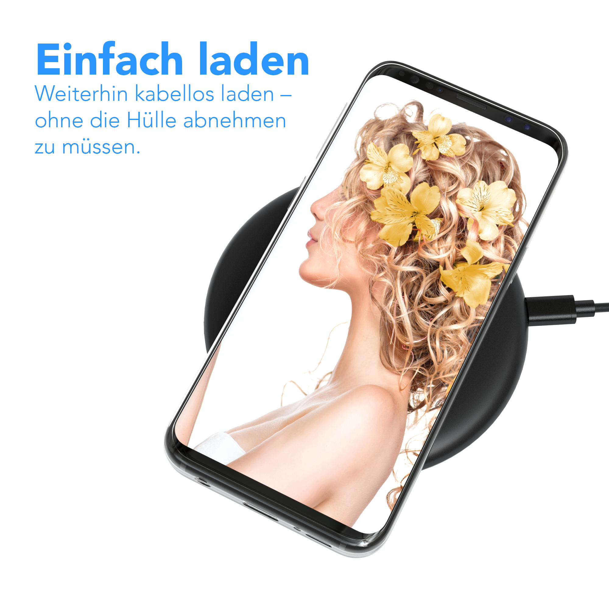 Telefon auf kabellosem Ladegerät, mit einem Gesicht einer Frau, verziert mit gelben Blumen.