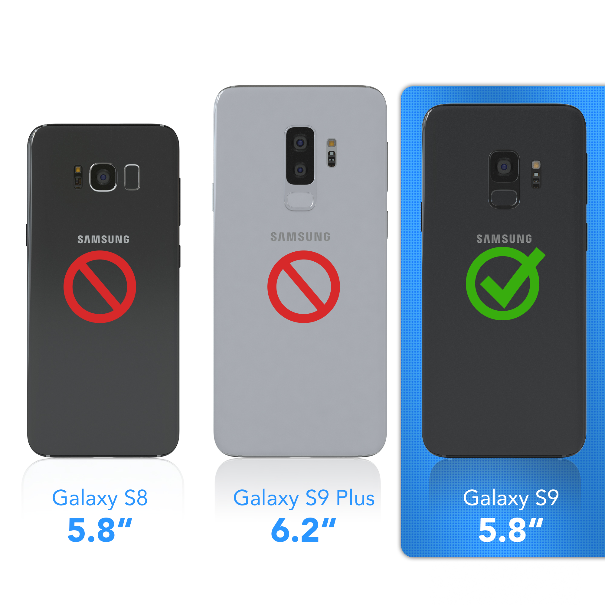 Handyhüllen-Vergleich mit verschiedenen Größen. Galaxy S8 mit X, Galaxy S9 Plus mit X, Galaxy S9 mit Haken.