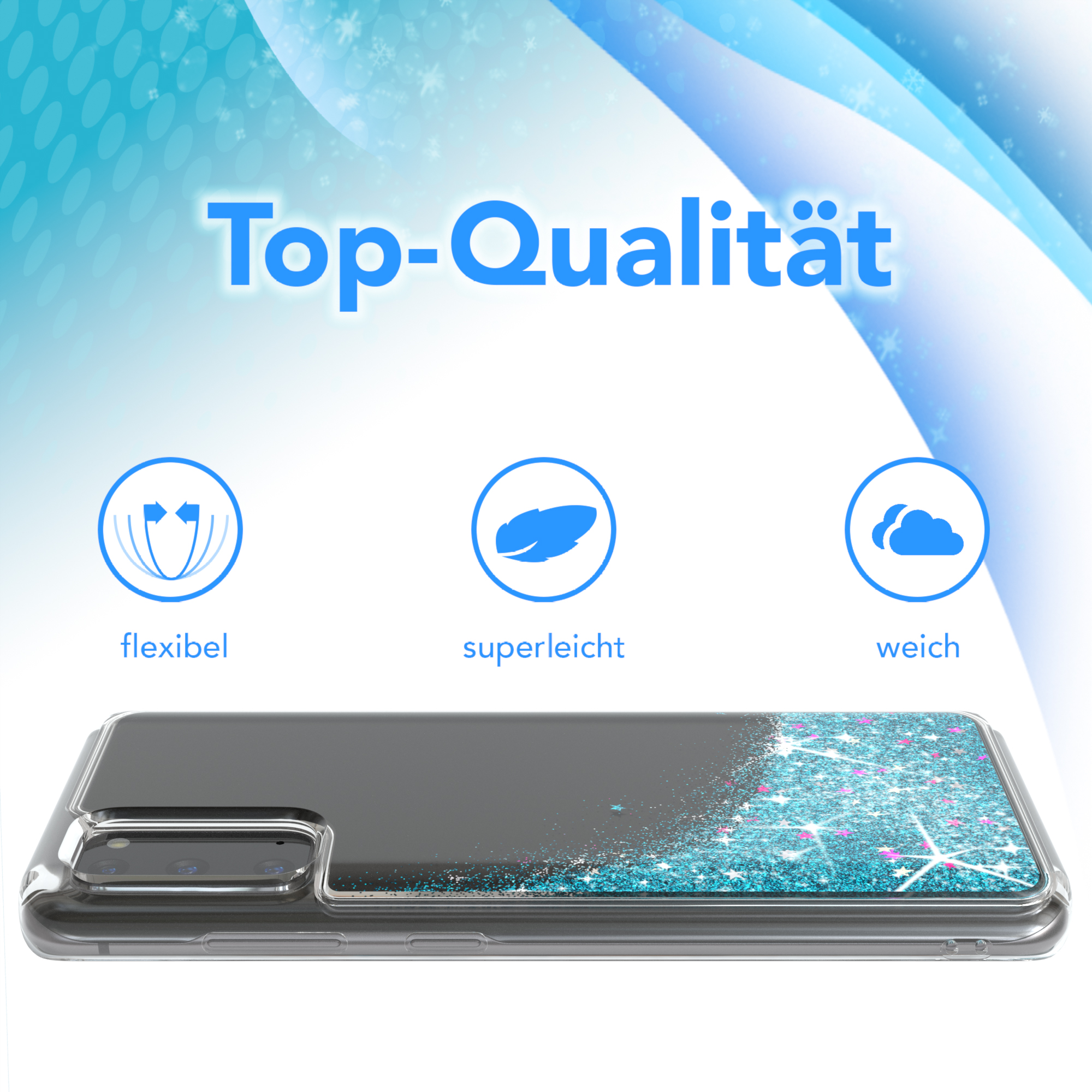 Transparente Handyhülle mit Glitzer. Die Hülle liegt auf einer weißen Oberfläche mit blauem und weißem Hintergrund.