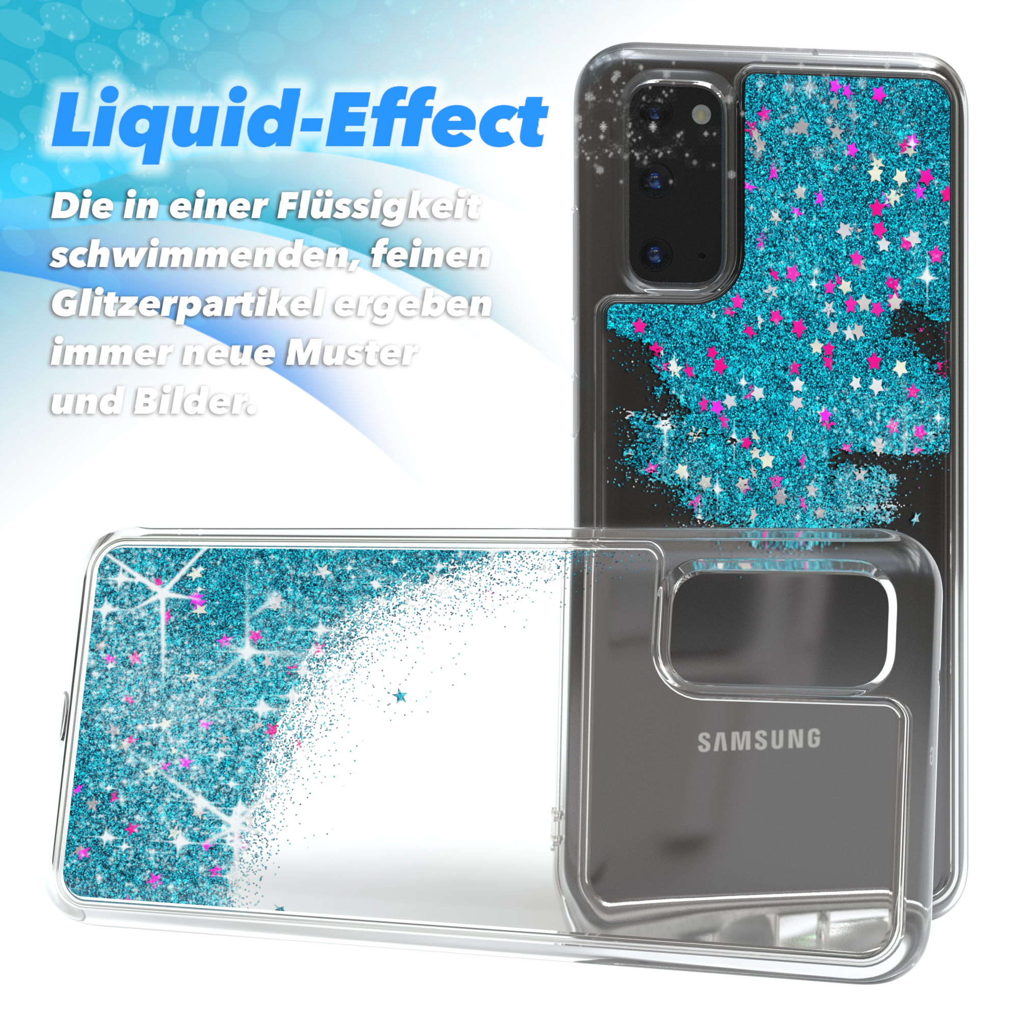 Transparente Handyhülle mit blauem Glitzer-Liquid-Effekt-Design. Ein Telefon befindet sich in der Hülle. Marke Samsung.