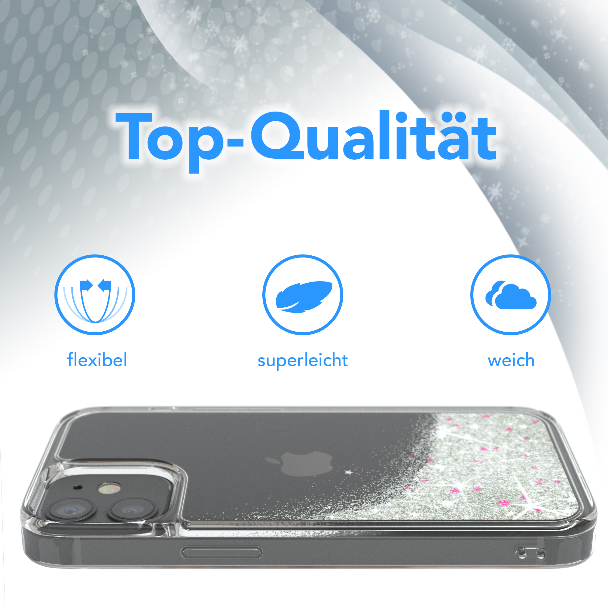 Eine transparente Handyhülle mit Glitzer und Symbolen für flexibel, superleicht und weich.