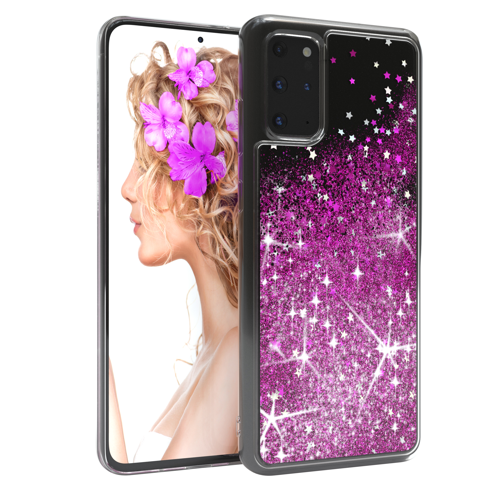 Ein Telefon in einem glitzernden Gehäuse mit dem Gesicht einer Frau und Blumen im Haar.