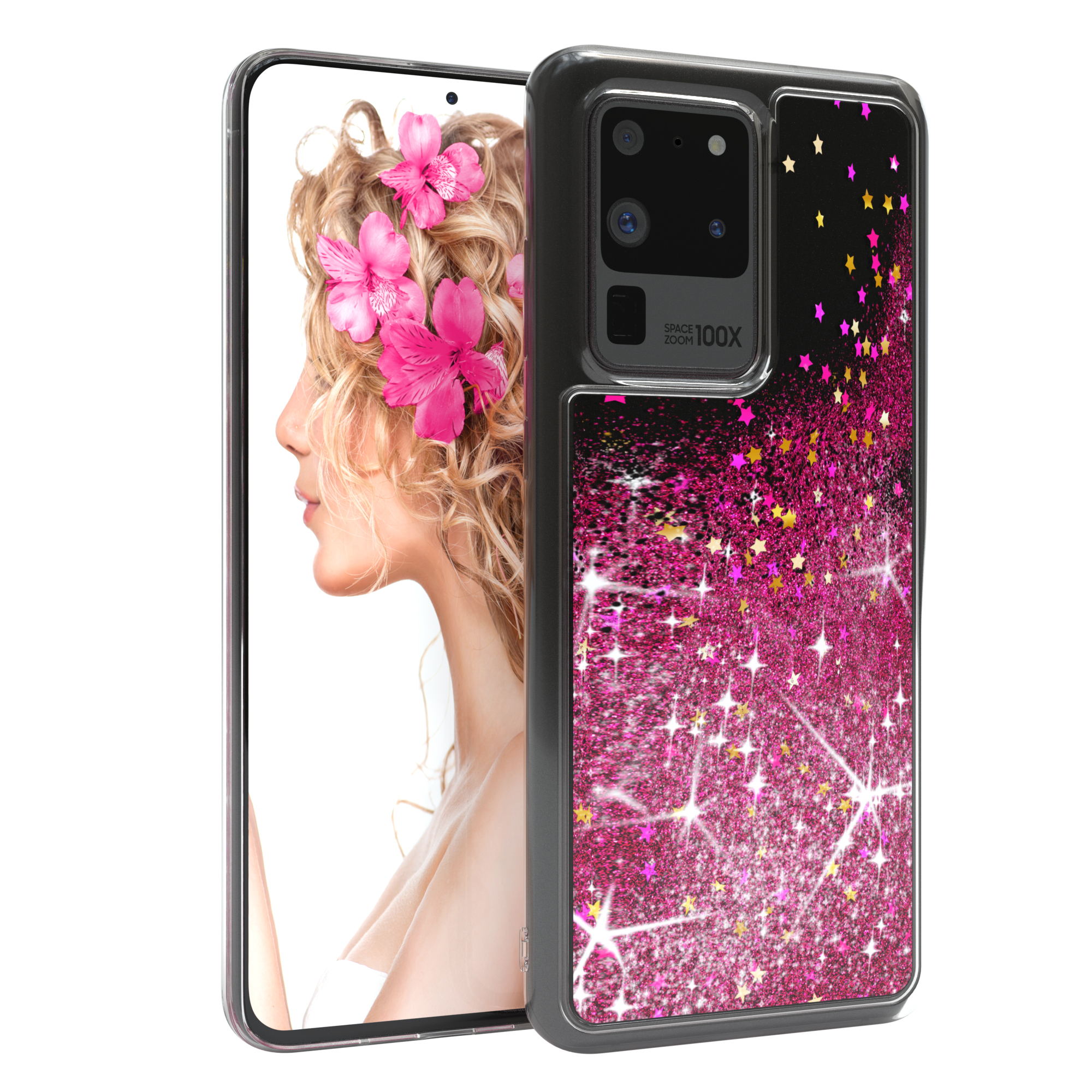 Telefon mit pinkfarbener Glitzerhülle und Bildschirm. Weißer Hintergrund.