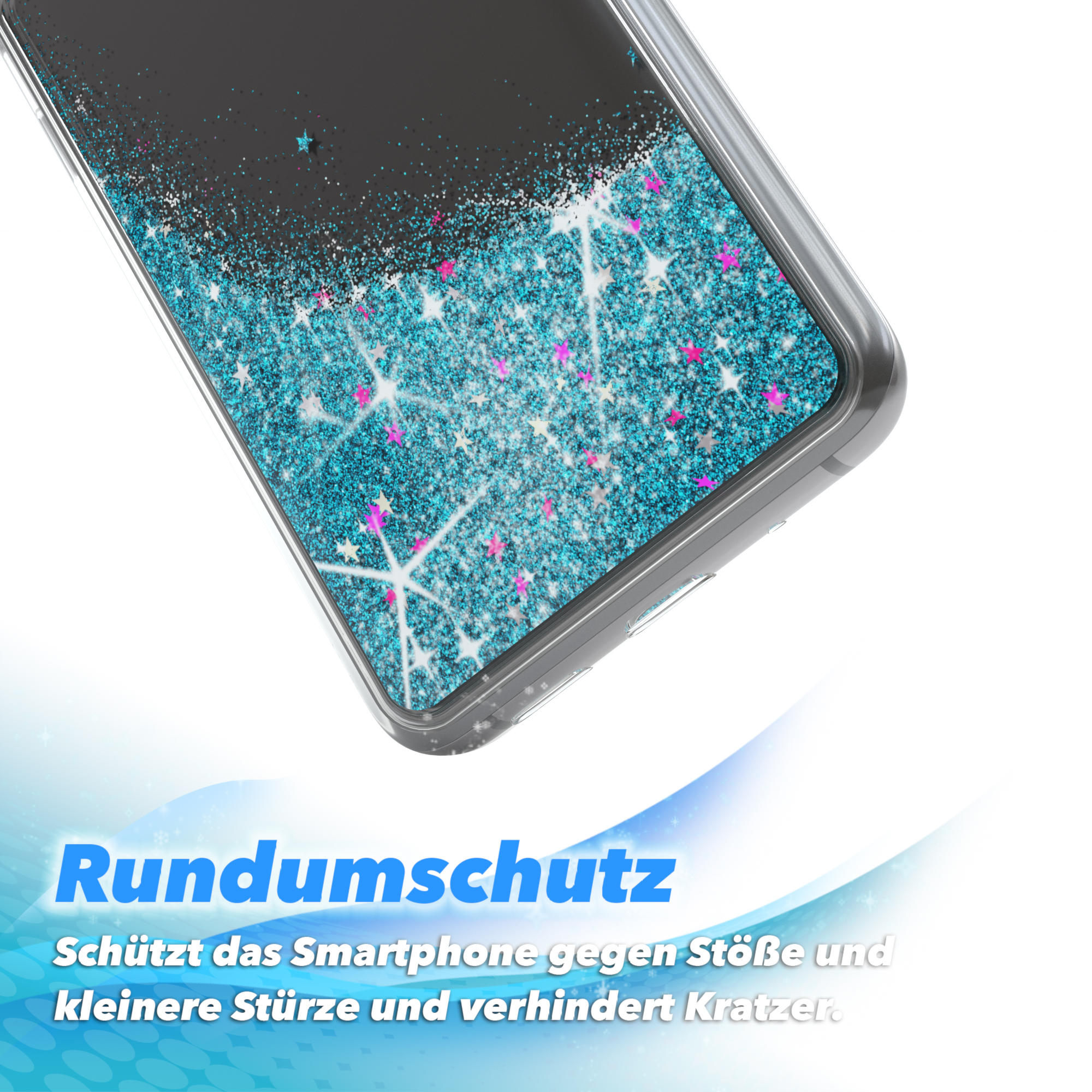 Transparente Handyhülle mit blauem Glitzer und Sternen. Schutztext ist unten.