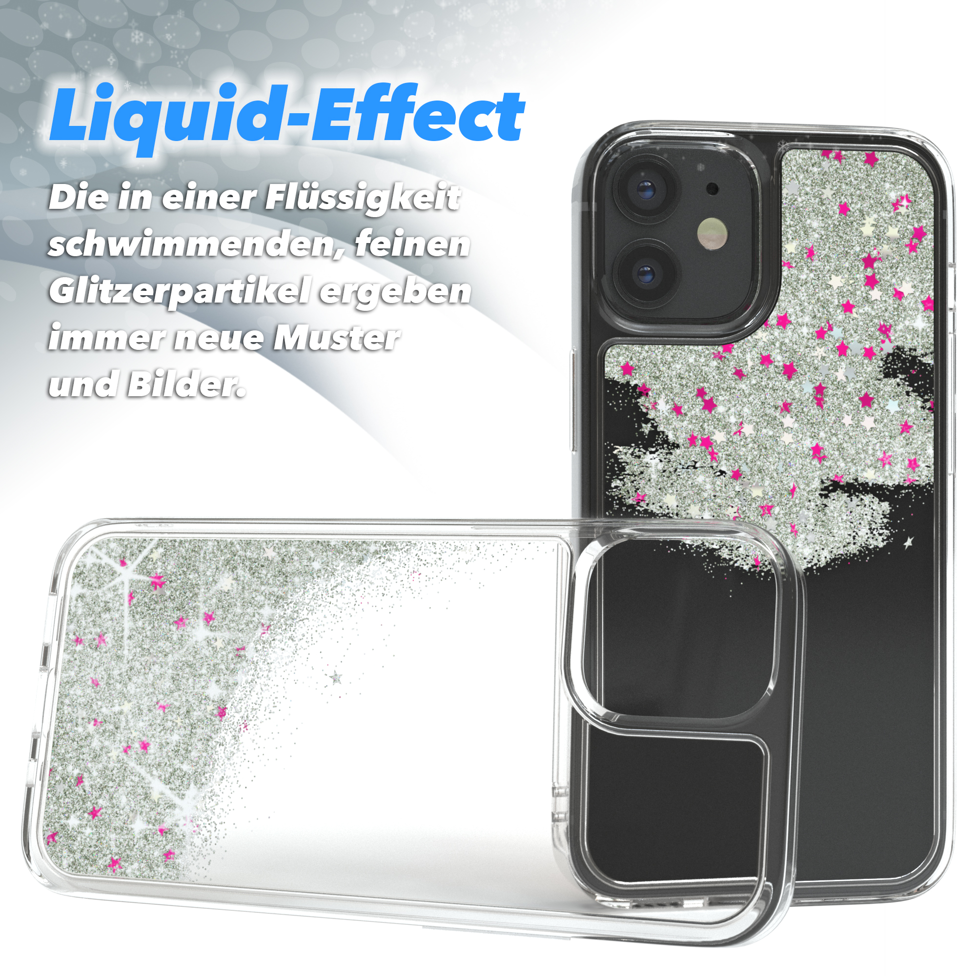 Transparente Handyhülle mit Glitzer und rosa Sternen. Text: Liquid-Effect.