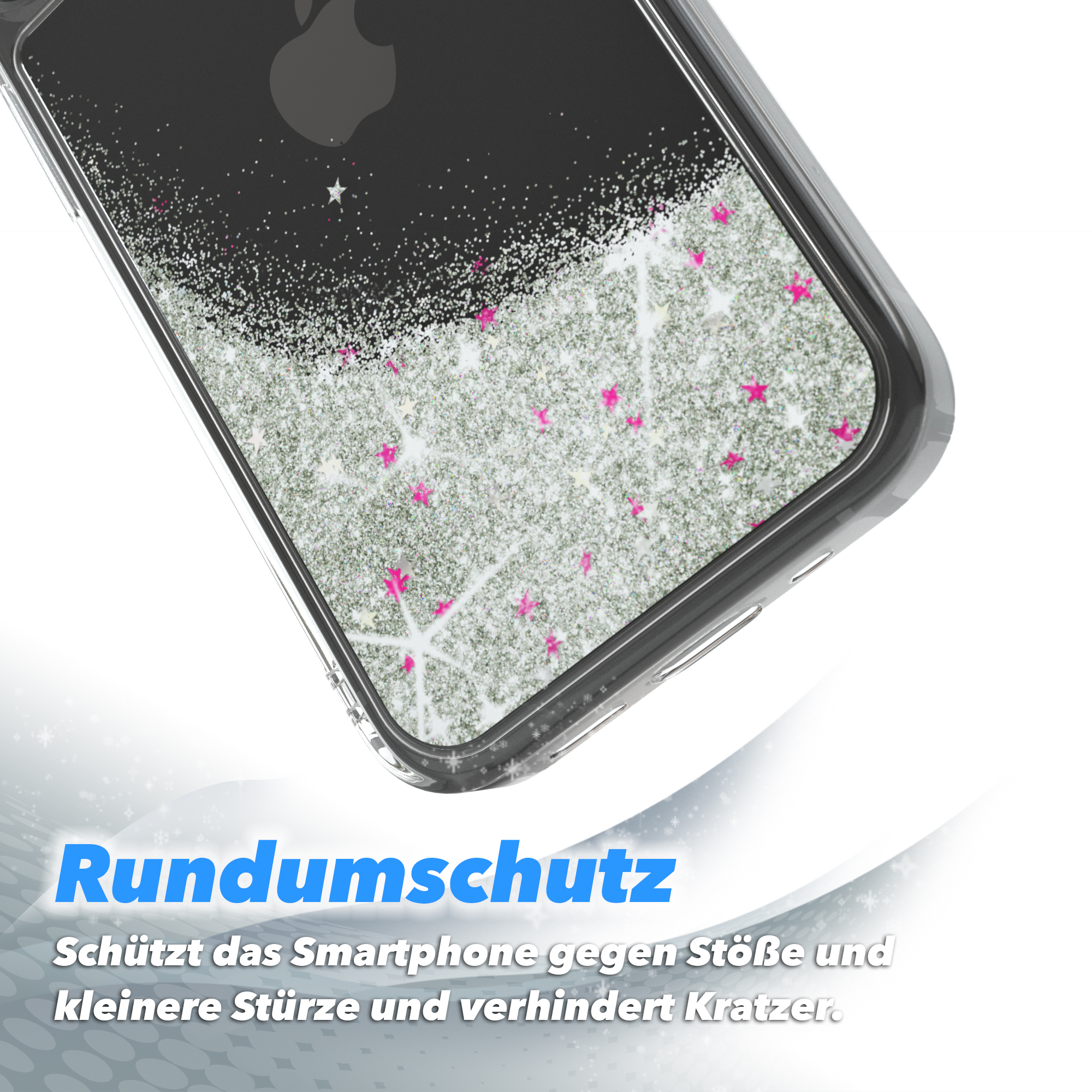 Eine Handyhülle mit Glitzer und rosa Sternen, mit silbernem Rahmen. Der Text lautet Rundumschutz.