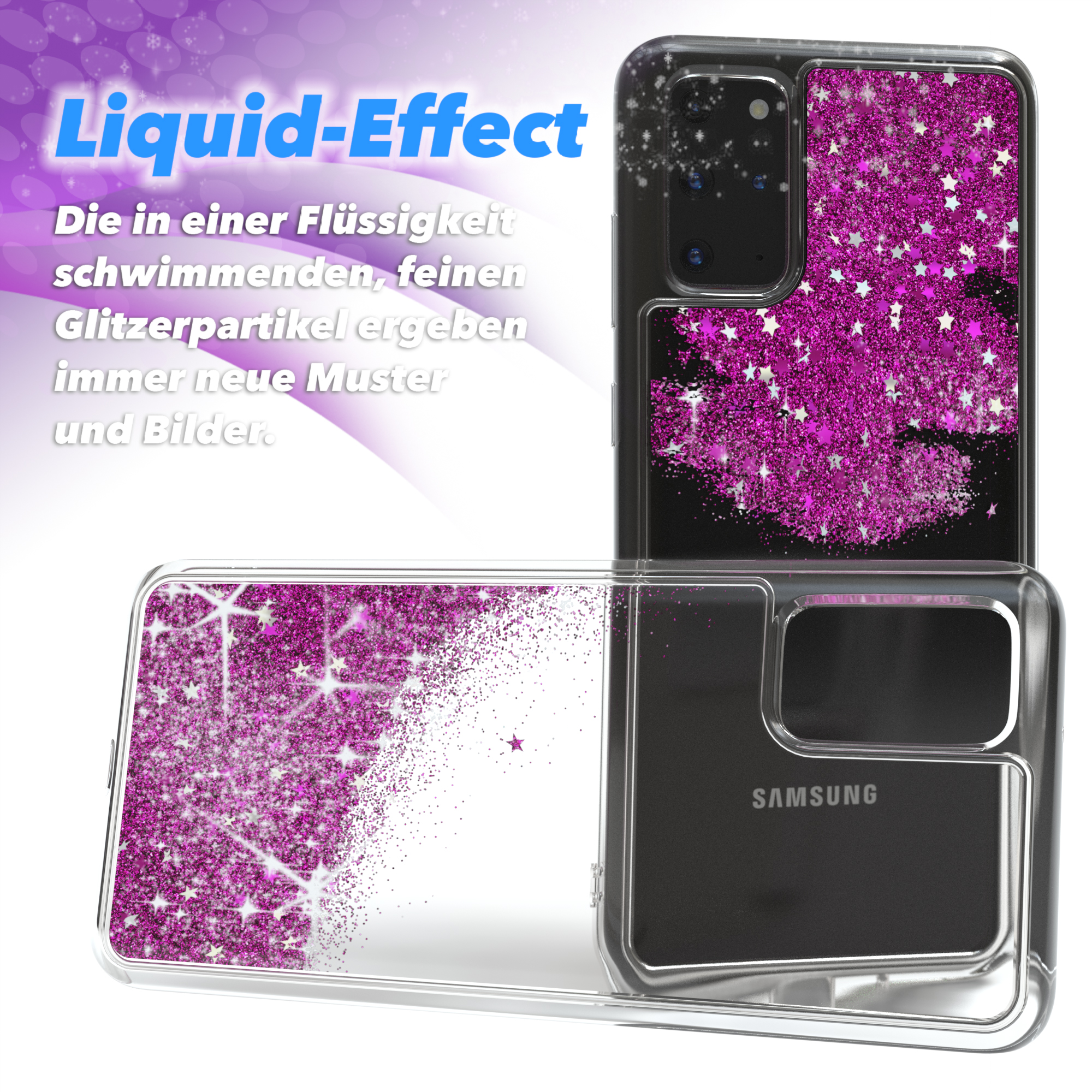 Handyhülle mit Flüssigkeitseffekt, rosa Glitzer und Sternen.