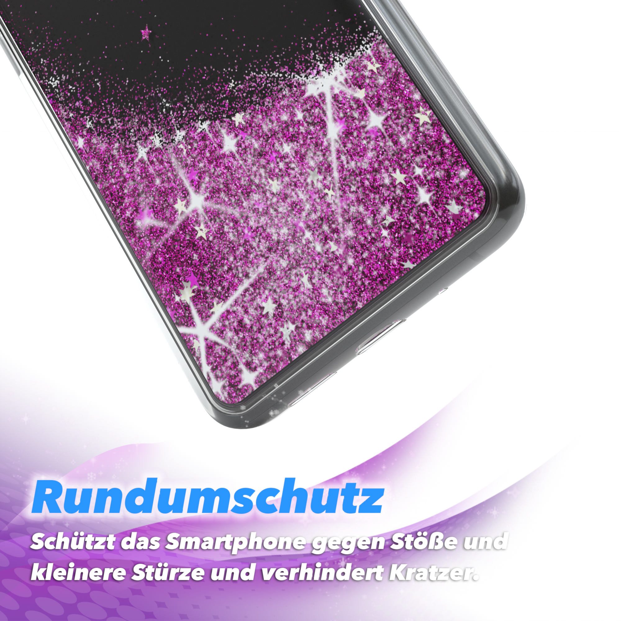 Handyhülle mit pinkem Glitzer und Sternenmuster, mit lila-verlaufendem Hintergrund.