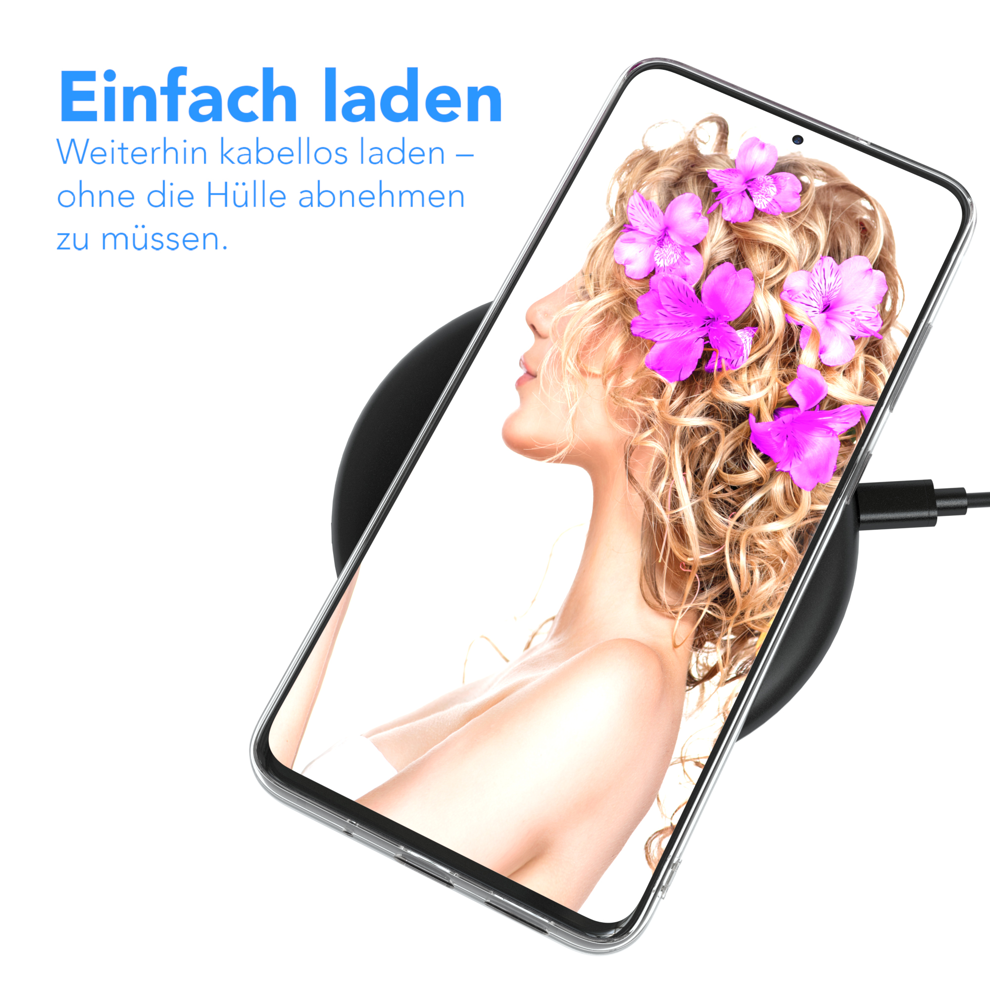 Ein Telefon mit Blumen auf einem kabellosen Ladegerät. Text: 'Einfach laden'.