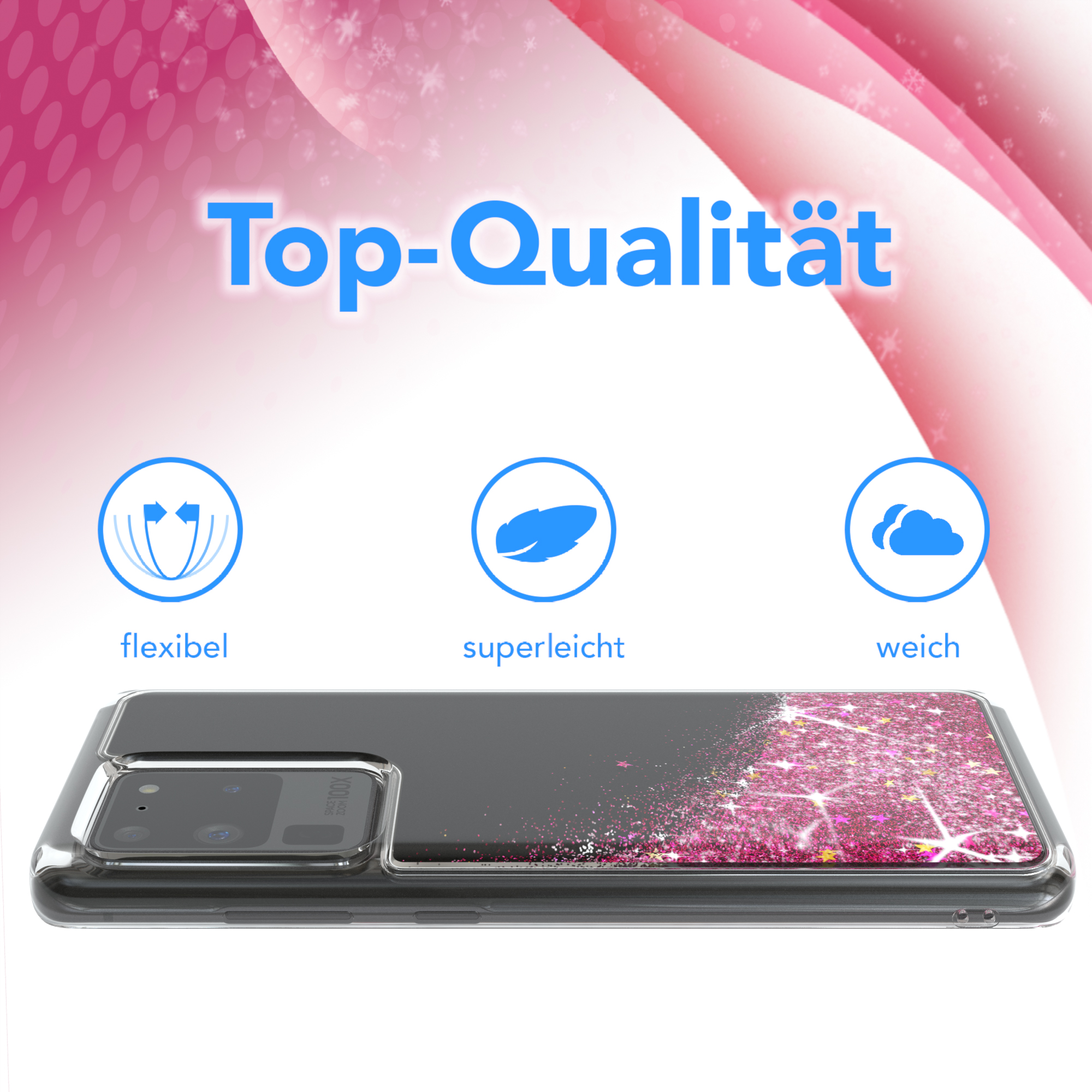 Handyhülle mit pinkfarbenem Glitzer und Text 'Top-Qualität'. Icons für flexible, superleicht und weich.