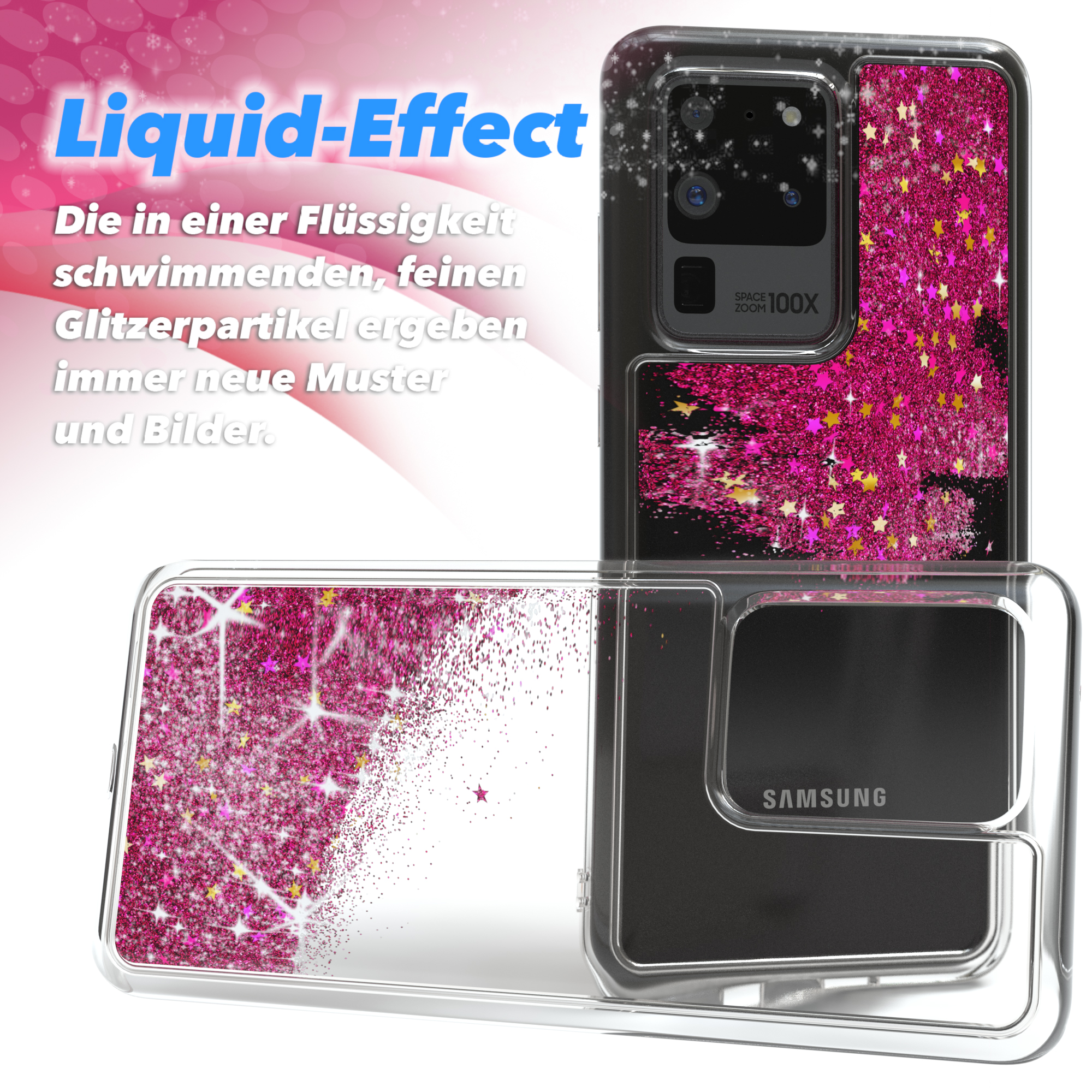 Samsung-Handyhülle mit rosa Glitzer-Liquid-Effekt, mit anderem Telefon.