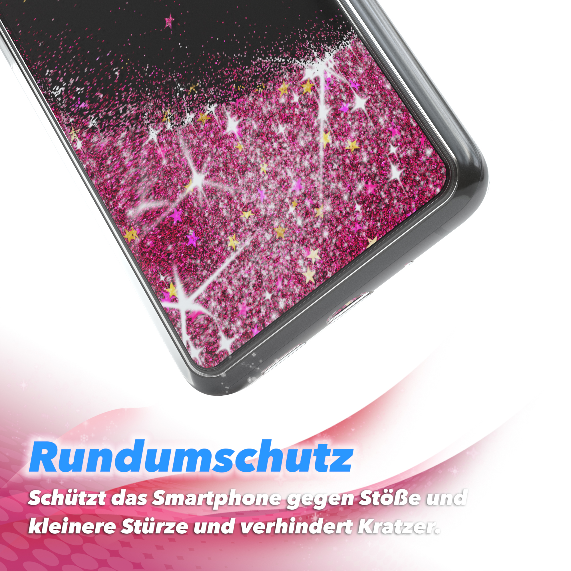 Smartphone-Hülle mit pinkem Glitzer und Sternen. Text unten: Rundumschutz.