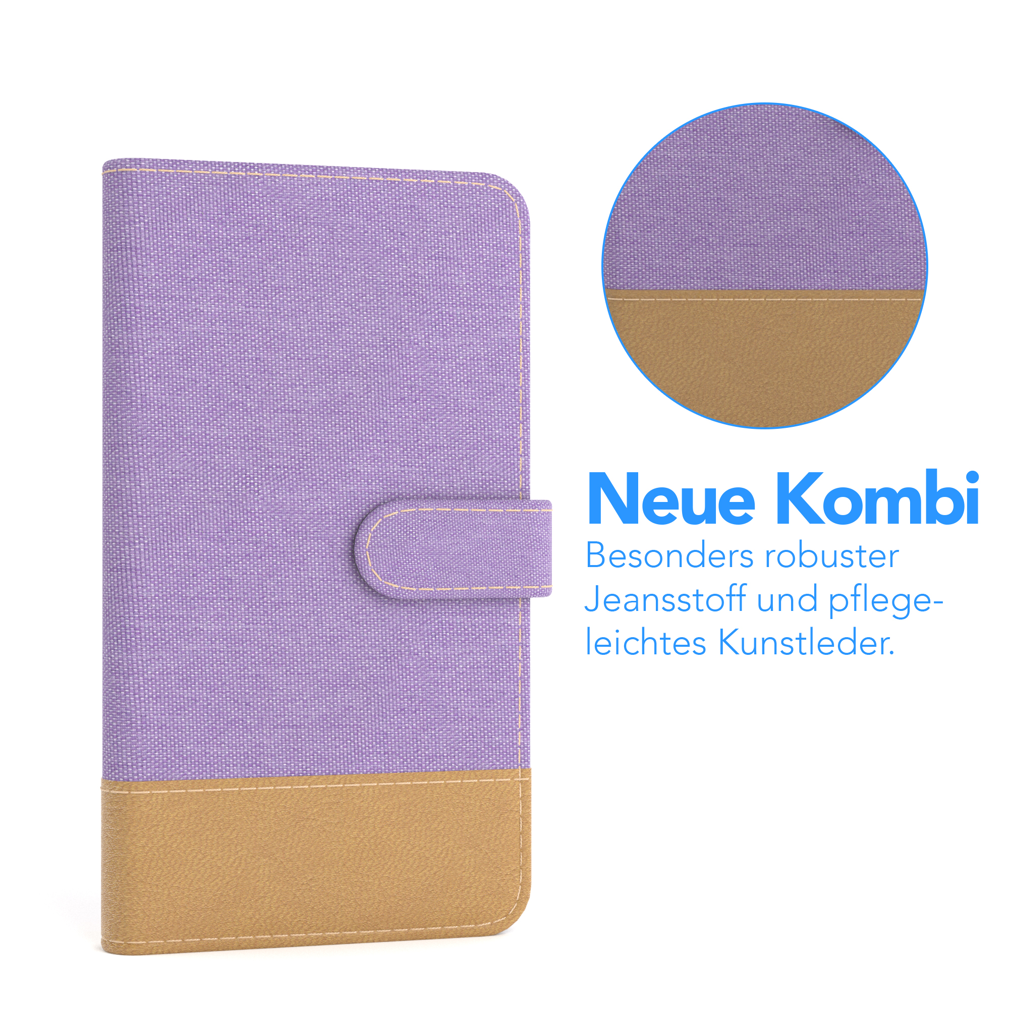 Eine lila Handyhülle mit braunem Boden und Detail des Materials.