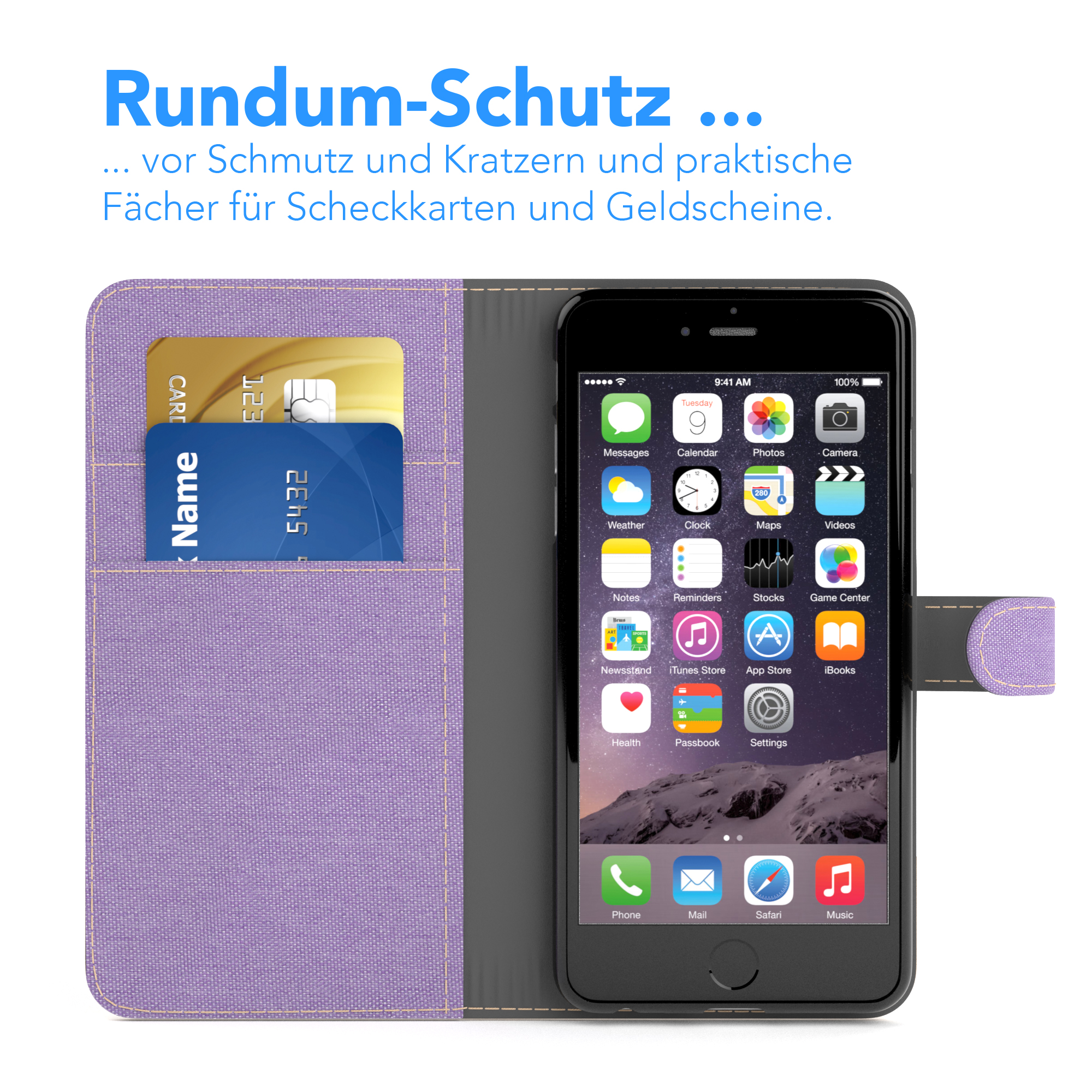 Geöffnete Handyhülle mit Telefon, Kreditkarten und Bargeld. Innen lila.