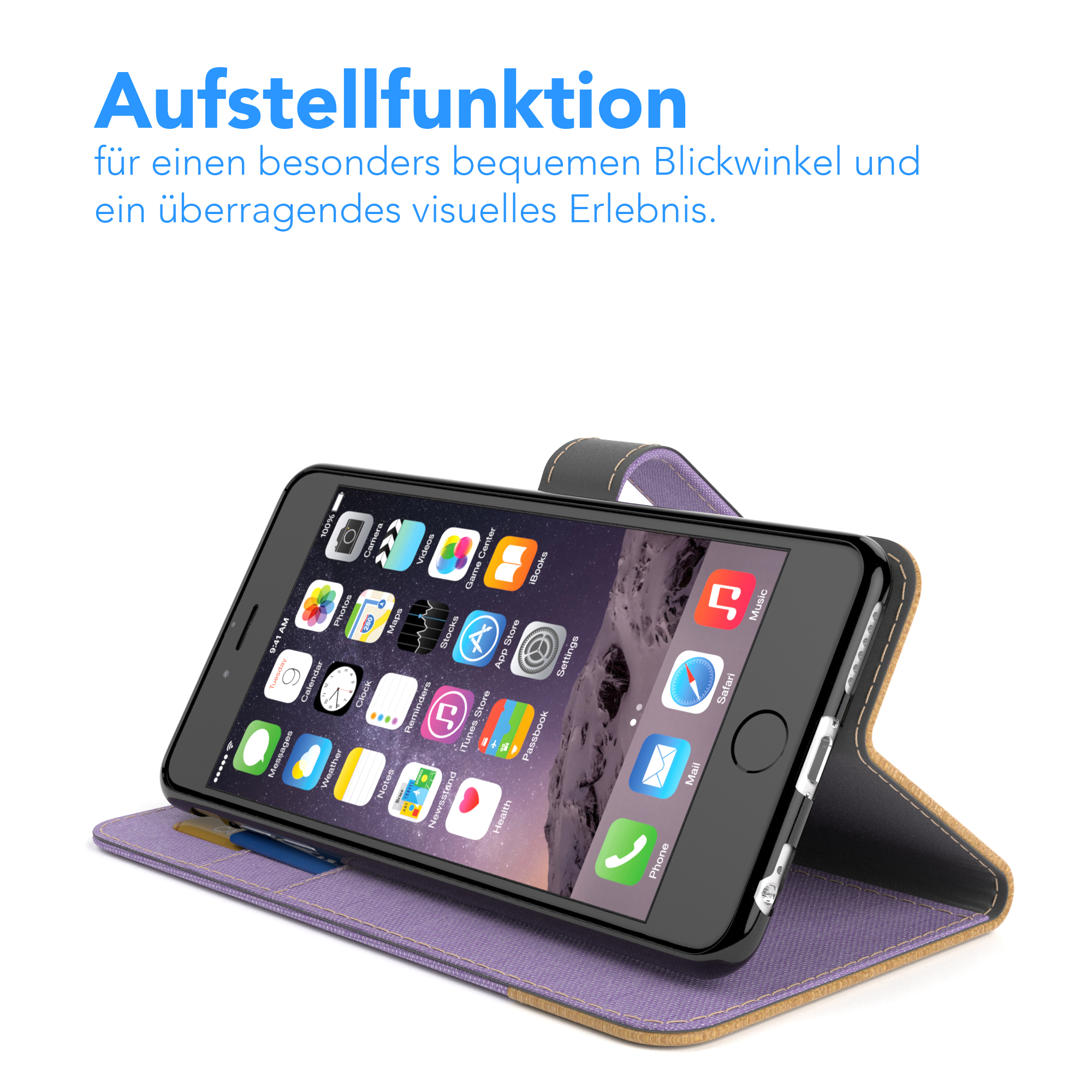 Ein Telefon in einer Hülle mit Ständer. Text: Aufstellfunktion, für einen bequemen Betrachtungswinkel.