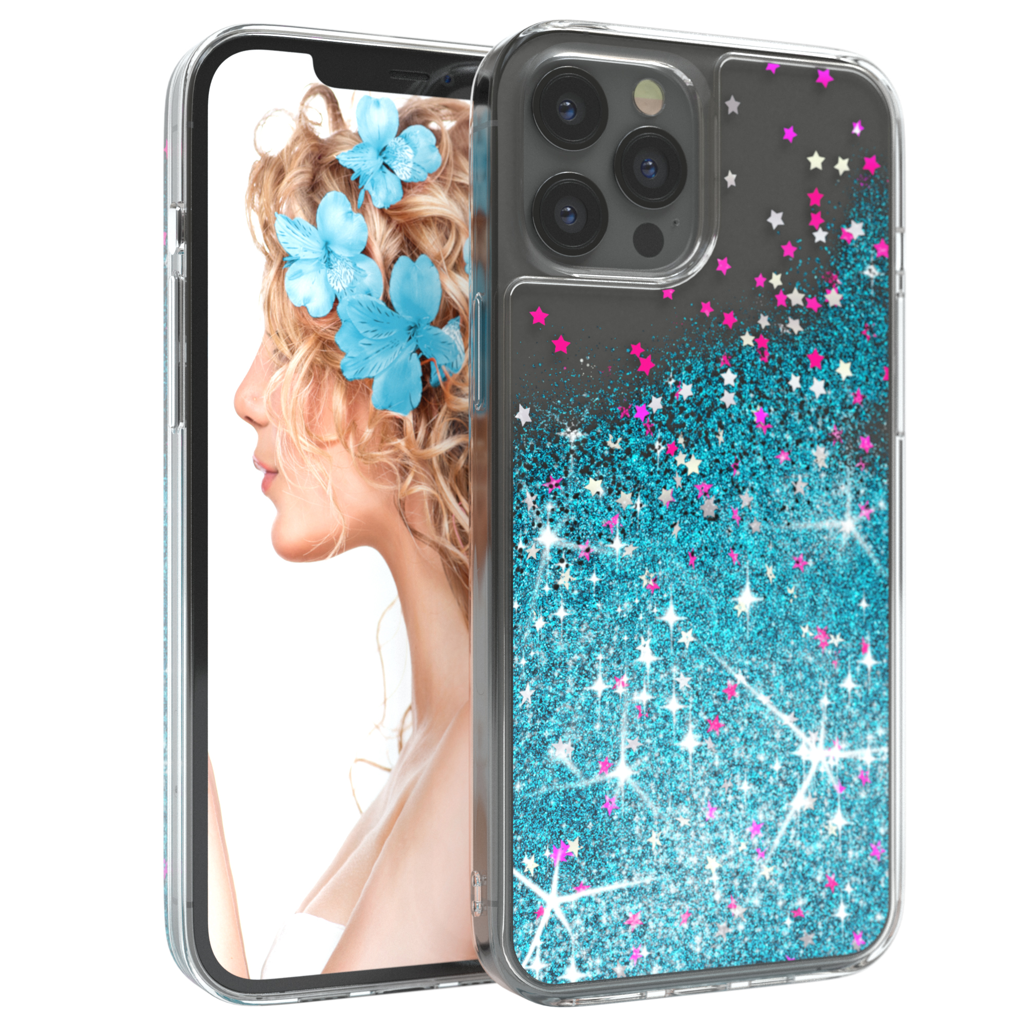 Transparente Handyhülle mit blauem Glitzer und rosa Sternen. Eine Frau mit blauen Blumen im Haar.