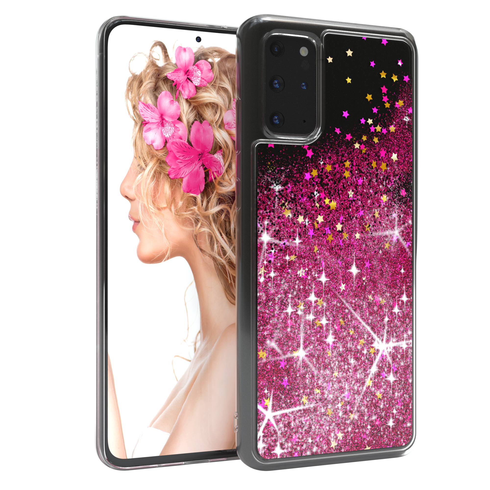 Smartphone mit Hülle. Die Hülle hat Glitzer und ein Bild einer Frau mit Blumen.