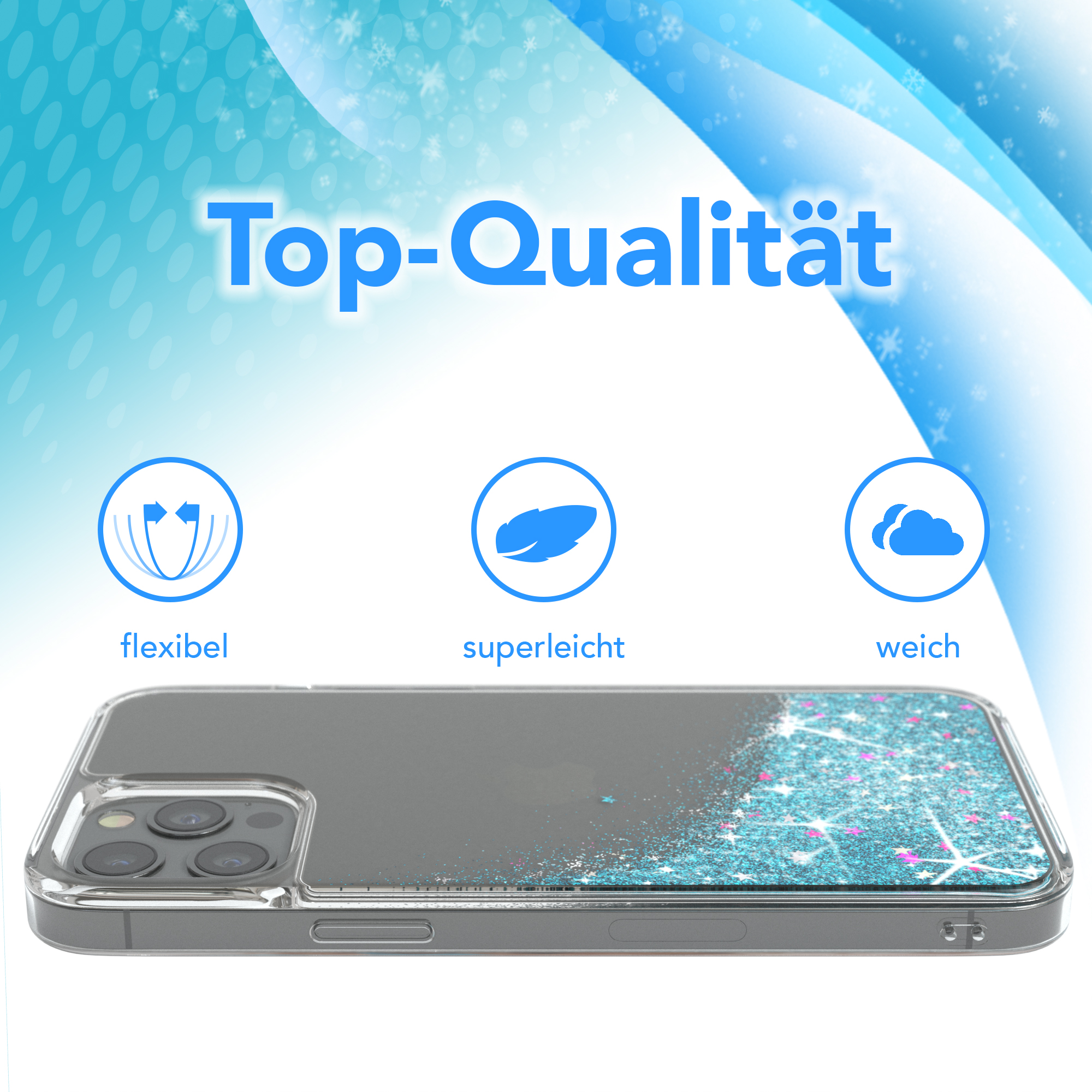 Transparente Handyhülle mit Glitzer. Die Hülle liegt auf einer weißen Oberfläche mit blauem und weißem Hintergrund.