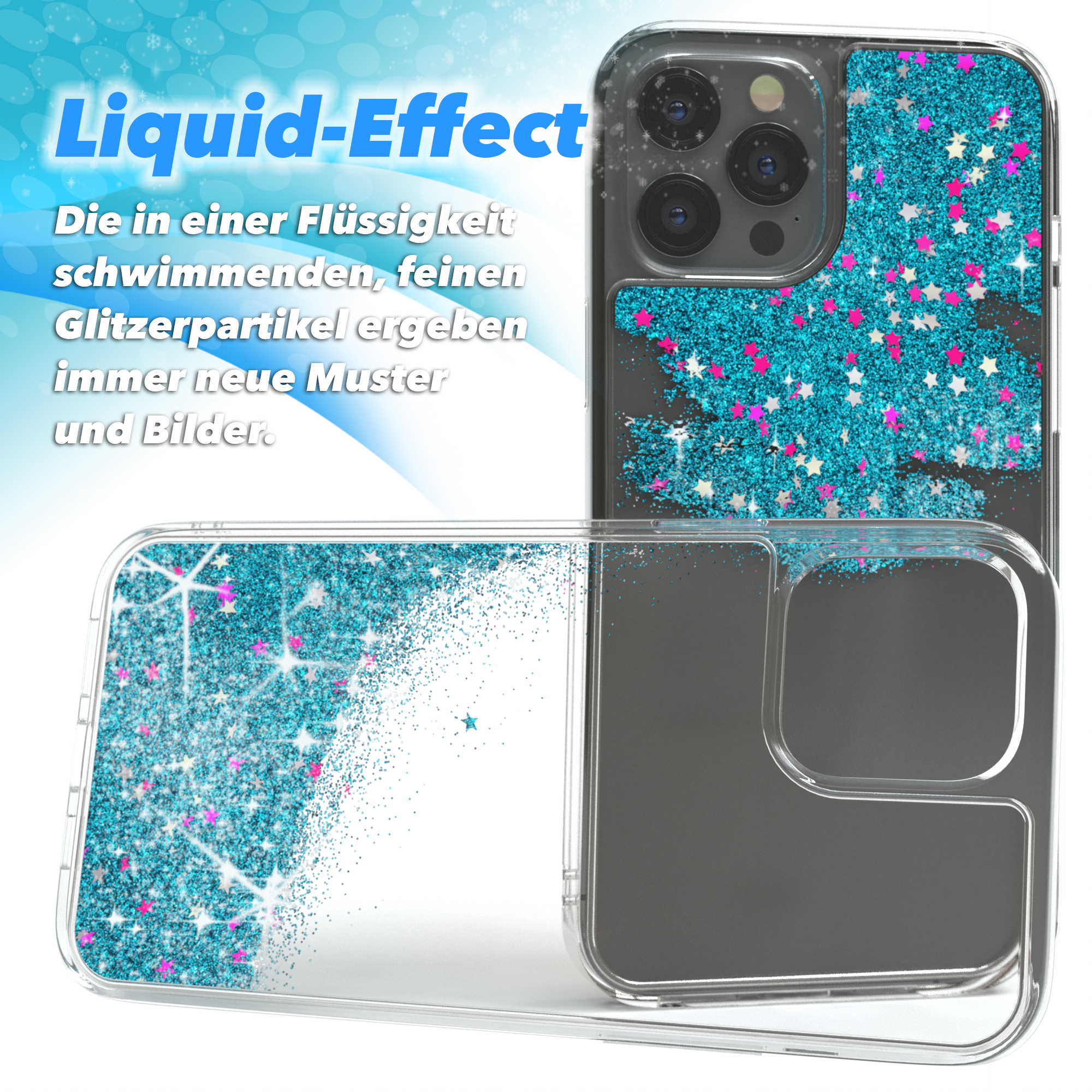 Transparente Handyhülle mit blauem Glitzer und rosa Sternen. Telefon im Inneren. Text Liquid-Effect.
