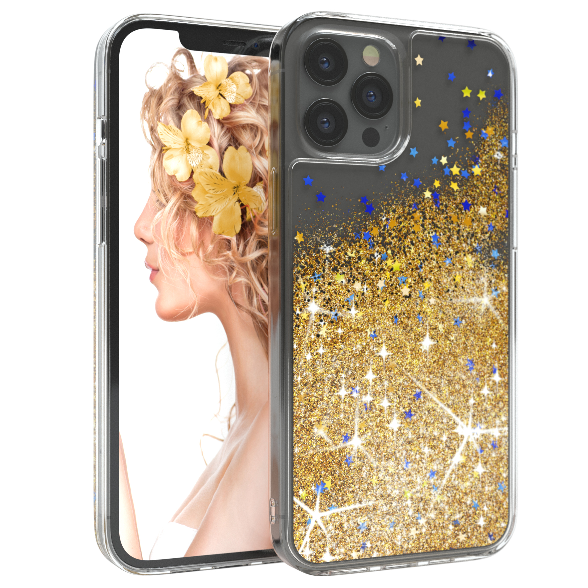 Transparente Handyhülle mit goldenem Glitzer und Sternen. Eine Frau mit gelben Blumen im Haar.