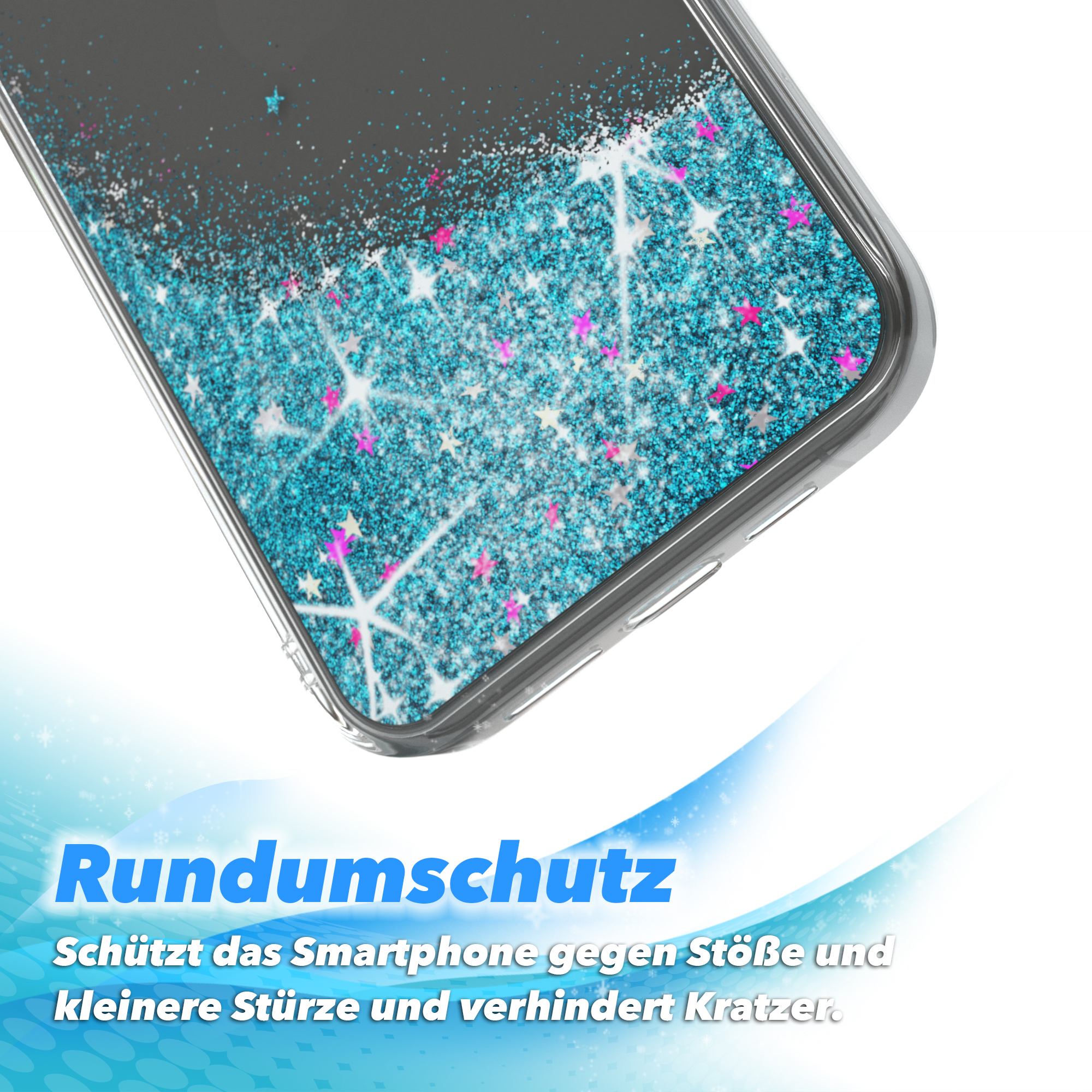 Transparente Handyhülle mit blauem Glitzer. Text: Rundumschutz. Schützt vor Stößen und Kratzern.