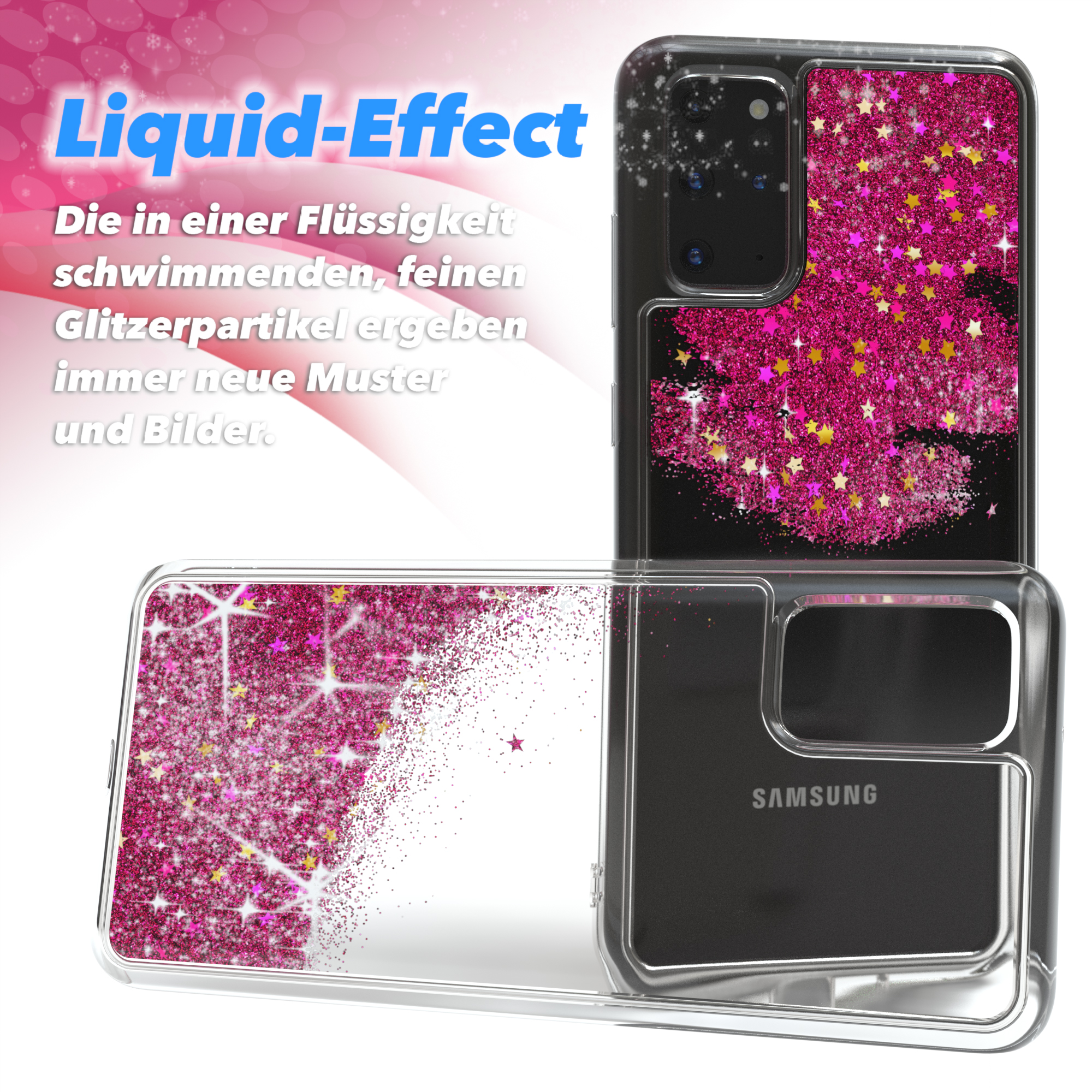 Handyhülle mit Flüssigglitzereffekt. Rosa Sterne in einer Flüssigkeit bewegen sich in der Hülle.