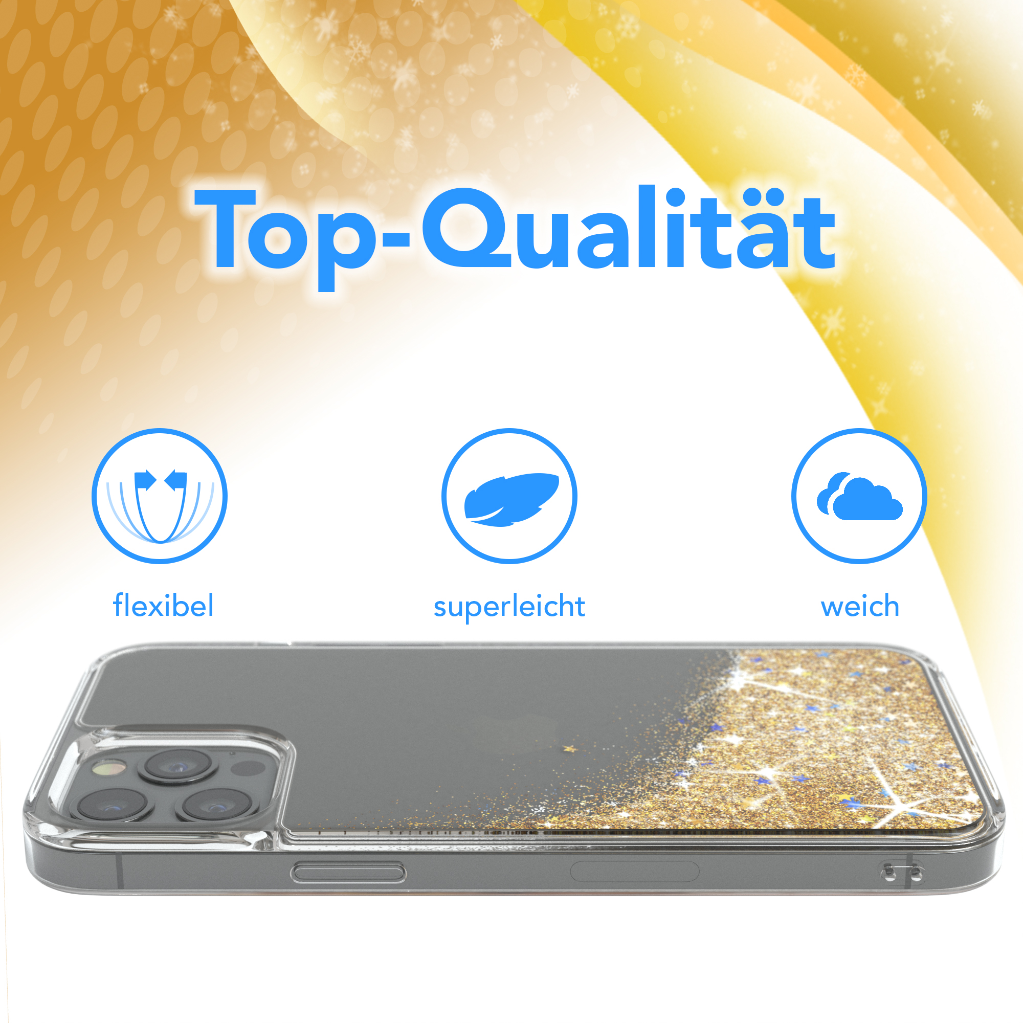 Eine Handyhülle mit Flüssigkeit und Goldglitter. Es hat die Worte 'Top-Qualität', 'flexibel', 'superleicht', 'weich'.