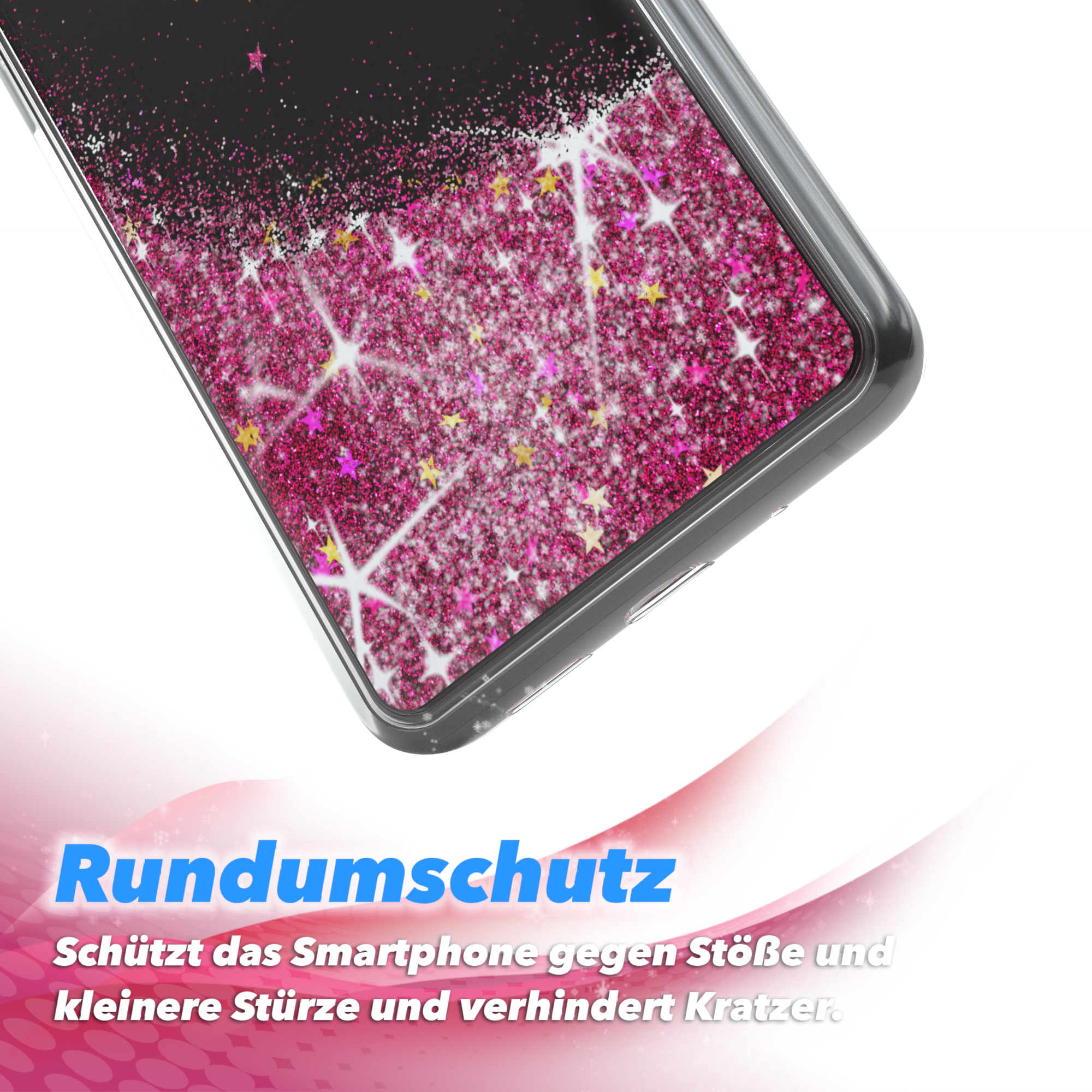 Handyhülle mit Glitzer und Sternen. Text: Schutz vor Stößen und Kratzern.
