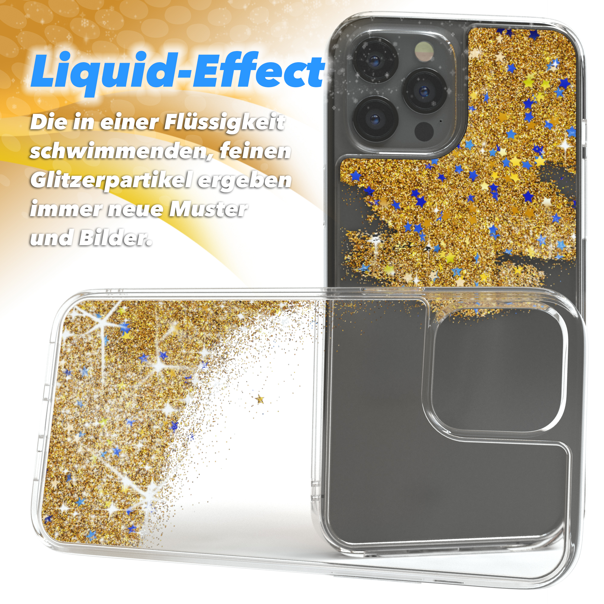 Eine Handyhülle mit Glitzerpartikeln in Flüssigkeit, die einen Flüssigkeitseffekt zeigt. Text: Liquid-Effect.