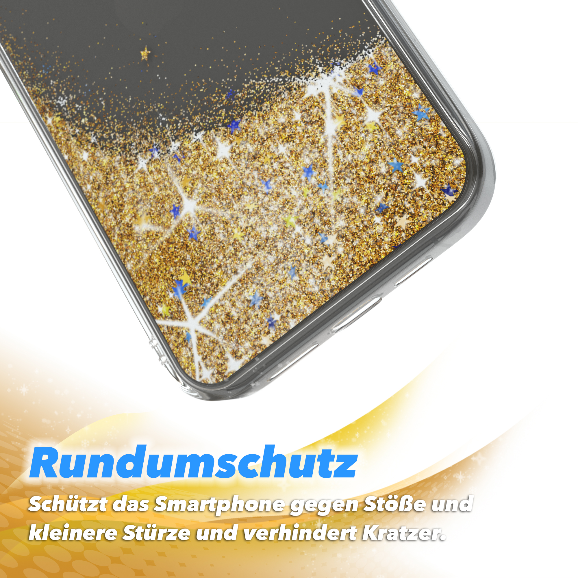 Nahaufnahme einer Handyhülle mit Glitzer und einem klaren Rand.